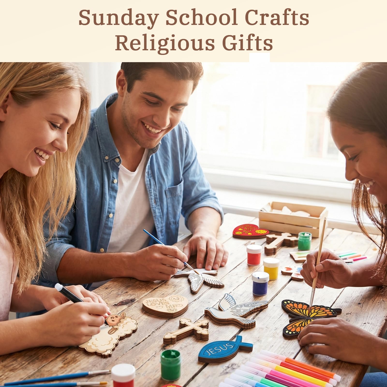 Danquanuan 48 Sets Sunday School Crafts for Kids, DIY Coloring Wooden Cutouts Magnets Watercolor Pens, Religious Gifts Christian Easter Crafts
