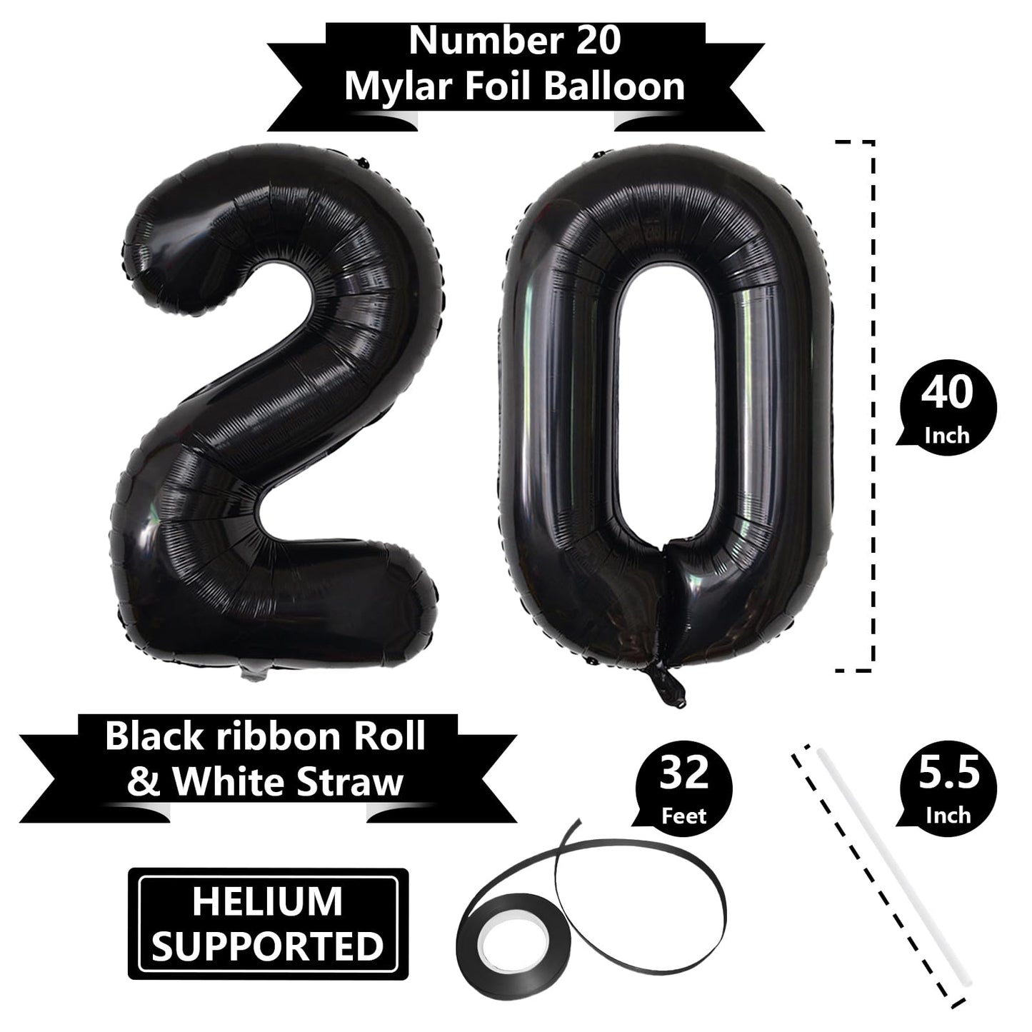 Number Balloons Black Party Balloon - Giant Number 20 Balloon, 40 Inch Large Balloon for 20th Birthday Decorations, Black Party Supplies for Men Women