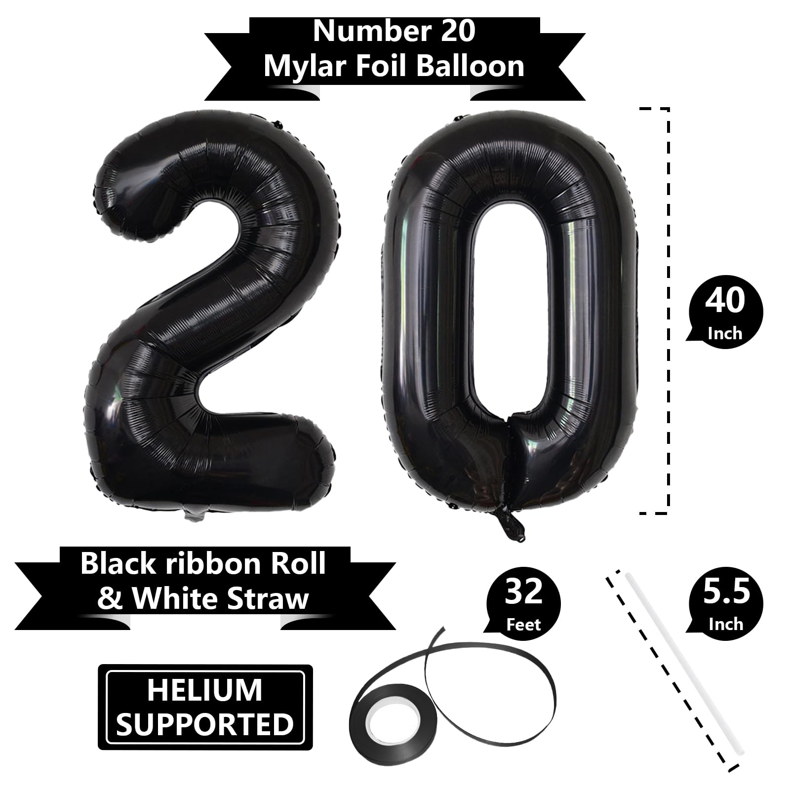Number Balloons Black Party Balloon - Giant Number 20 Balloon, 40 Inch Large Balloon for 20th Birthday Decorations, Black Party Supplies for Men Women