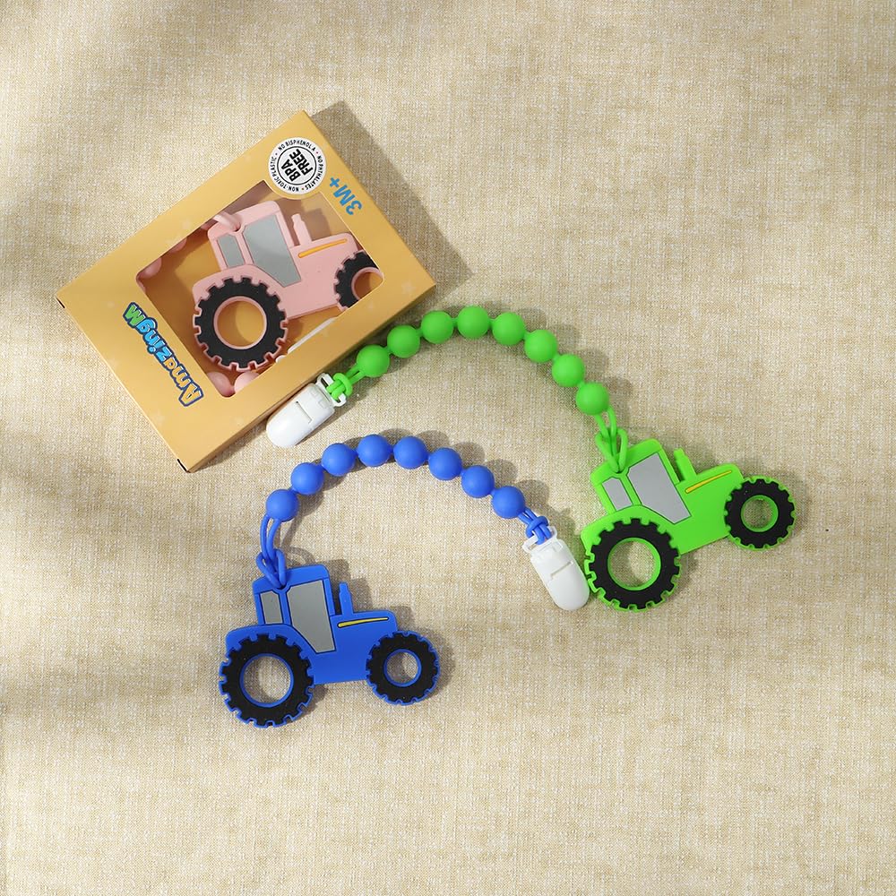 Baby Food Grade Silicone Tractor Truck Teether Toy with One Piece Design Pacifier Clip Holder,Teething Toys Gift Set for 3 Months+ Boys