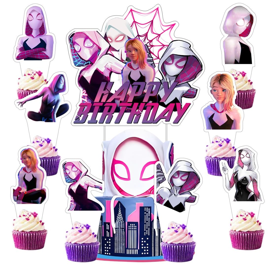 25 Pcs Cake Topper and Cupcake Toppers Set Birthday Party Supplies for Ghost Spider Birthday Decorations