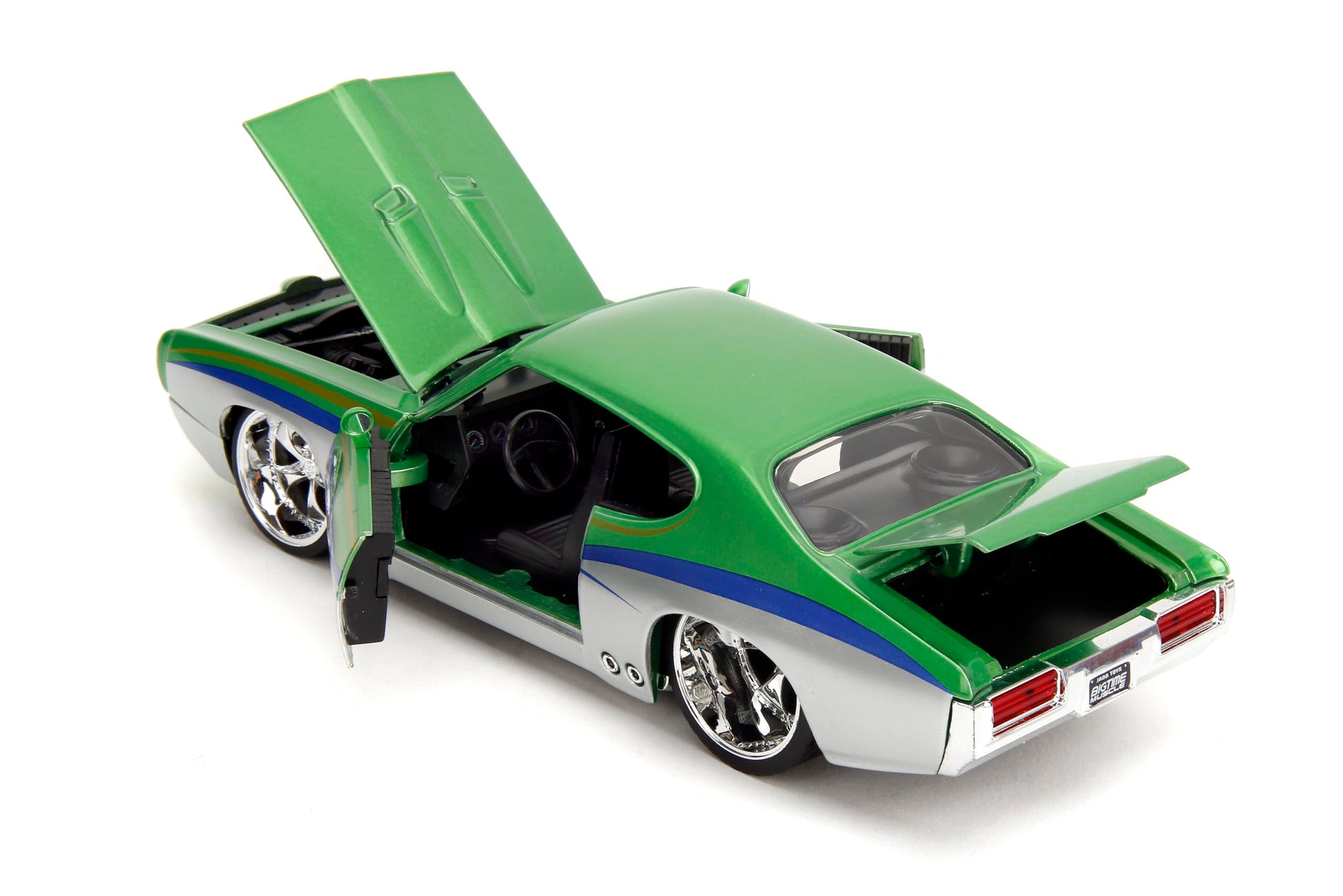 Jada Toys Bigtime Muscle 1:24 1969 Pontiac GTO Die-cast Car - Opening Doors, Hood, Trunk, Rubber Tires(Candy Silver/Green)