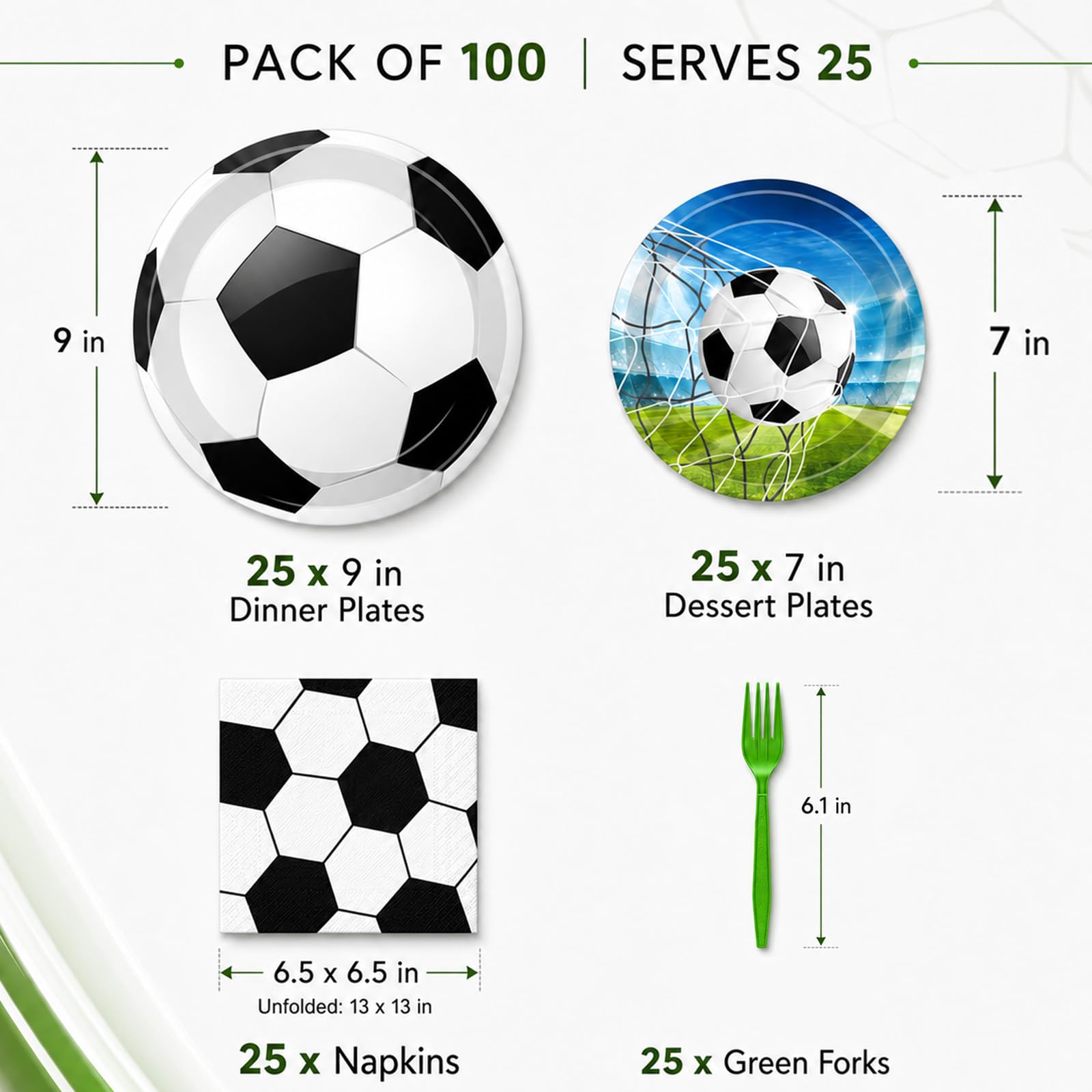 Merriva 100 Pcs Soccer Tableware Set Serves 25 - Disposable Football Paper Plates Napkins Forks, 9 Inch 7 Inch Plates Soccer Ball Themed Party