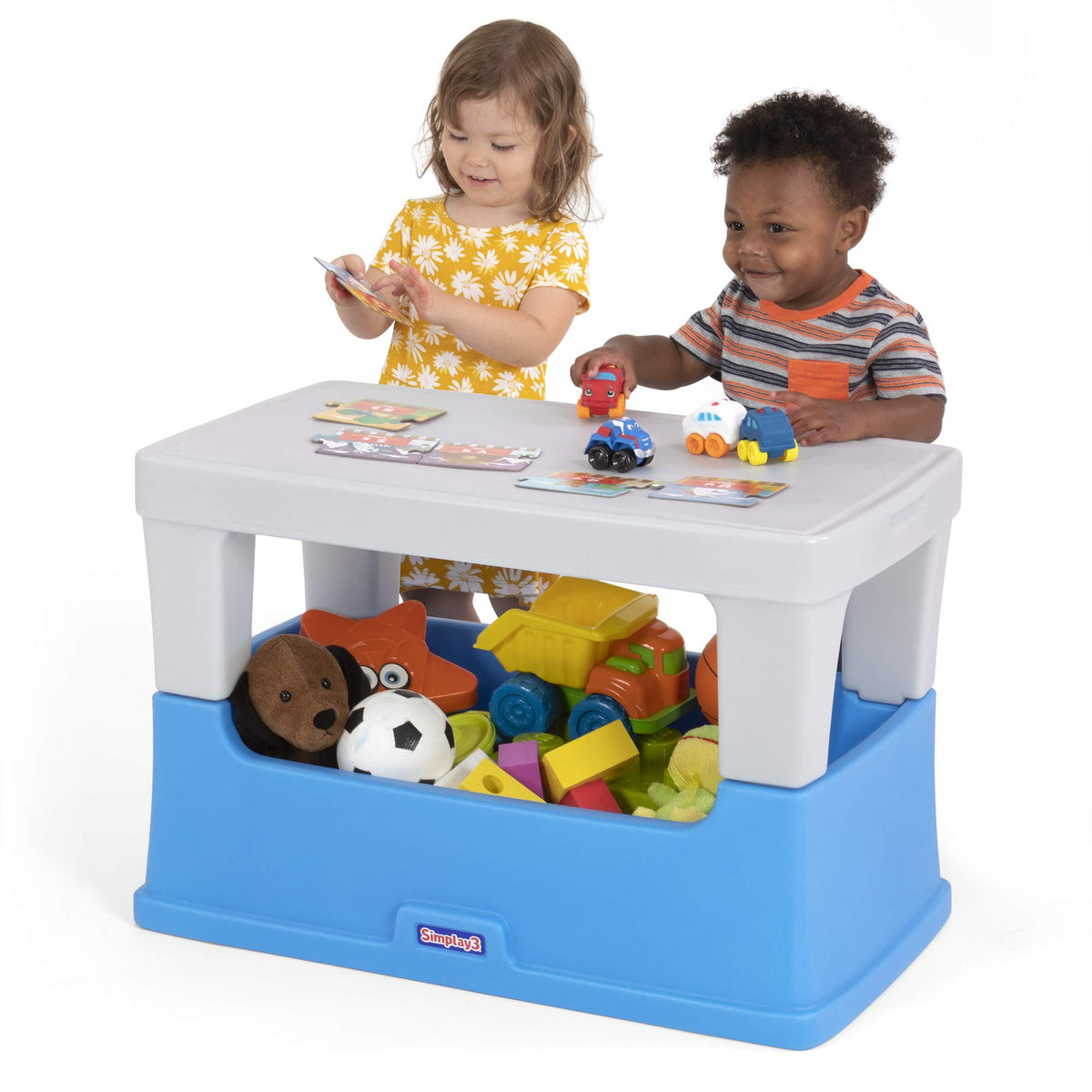 Simplay3 Play Around Toy Box Table, Multipurpose Kids Toy Box and Toddler Play Table for Toys, Art Supplies, Crafts, Durable, Plastic Large Toy Box