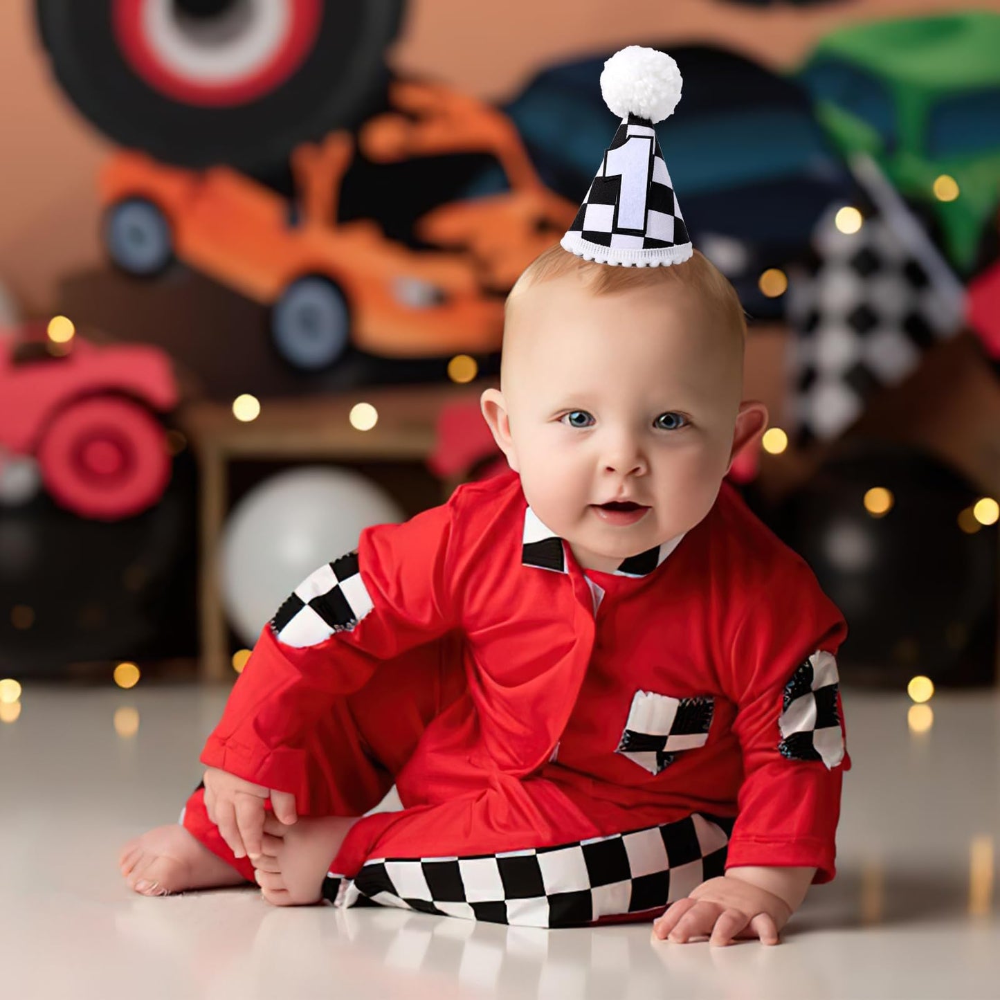 YOUAME Race Car 1st Birthday Hat - Party Decorations, Boy Outfit, Plaid Crown, Racing First Photo Prop
