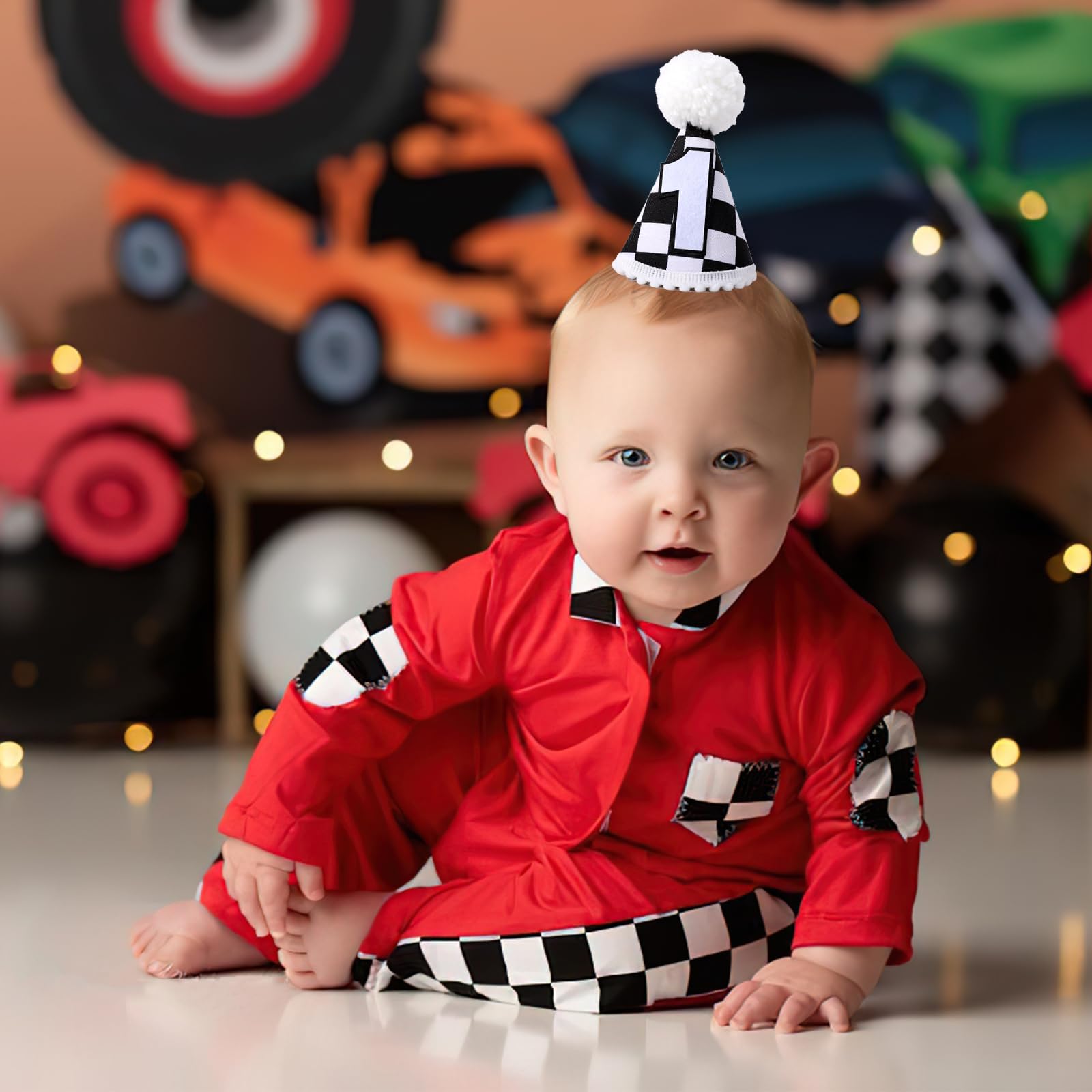 YOUAME Race Car 1st Birthday Hat - Party Decorations, Boy Outfit, Plaid Crown, Racing First Photo Prop