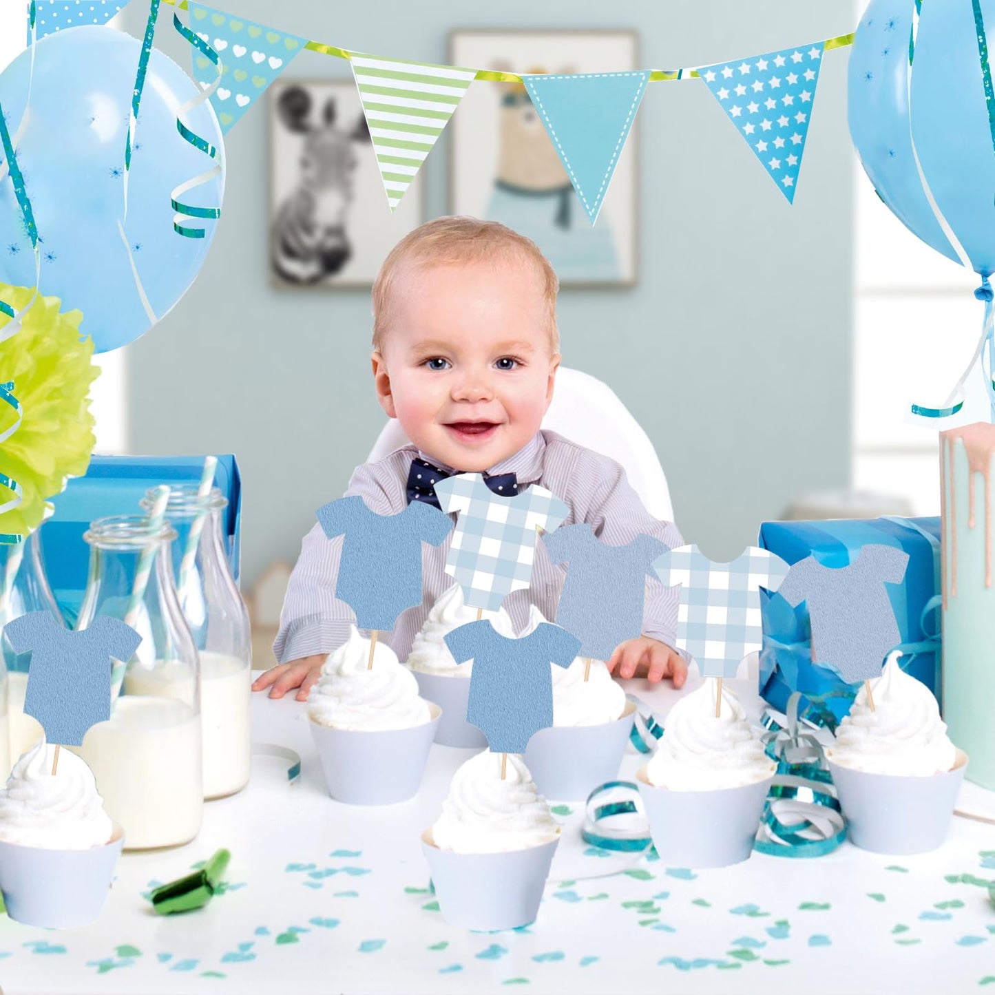 48 PCS Blue Bodysuit Happy Birthday Cupcake Toppers Party Decorations