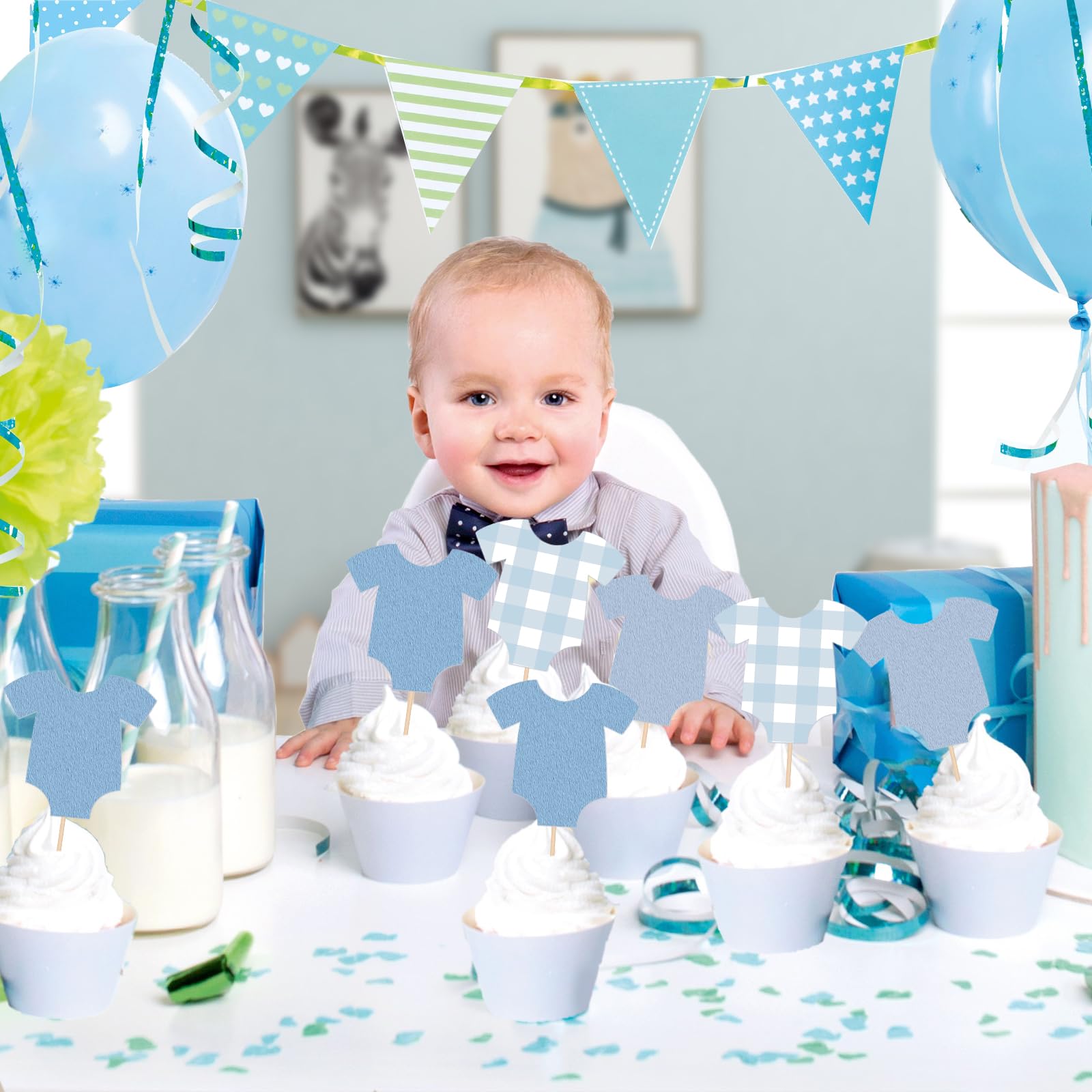 48 PCS Blue Bodysuit Happy Birthday Cupcake Toppers Party Decorations