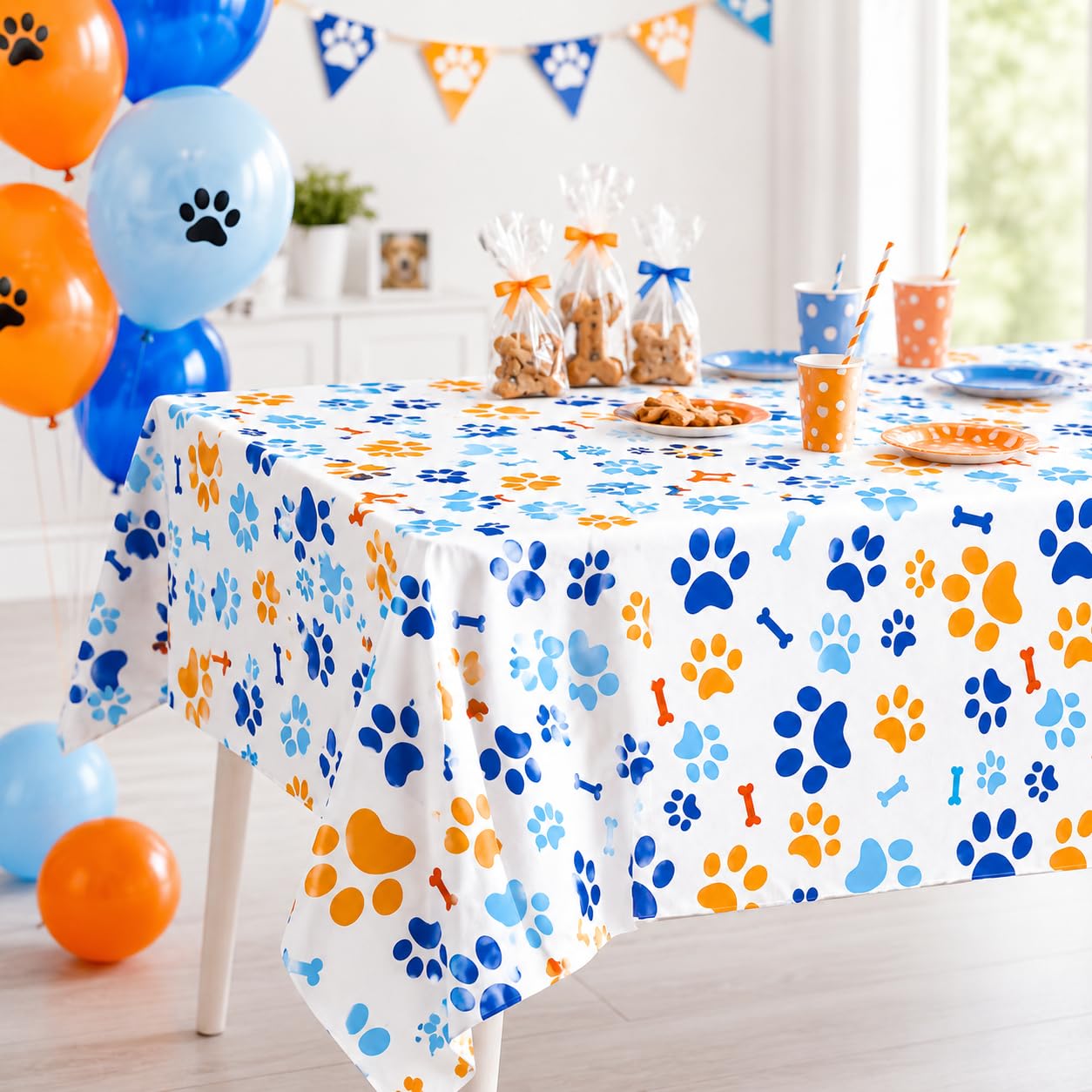 ASIMAO Puppy Paw Print Plastic Tablecloth,Blue Dog Birthday Party Supplies?Blue Birthday Tablecloth?Puppy Dog Birthday Party Decorations.
