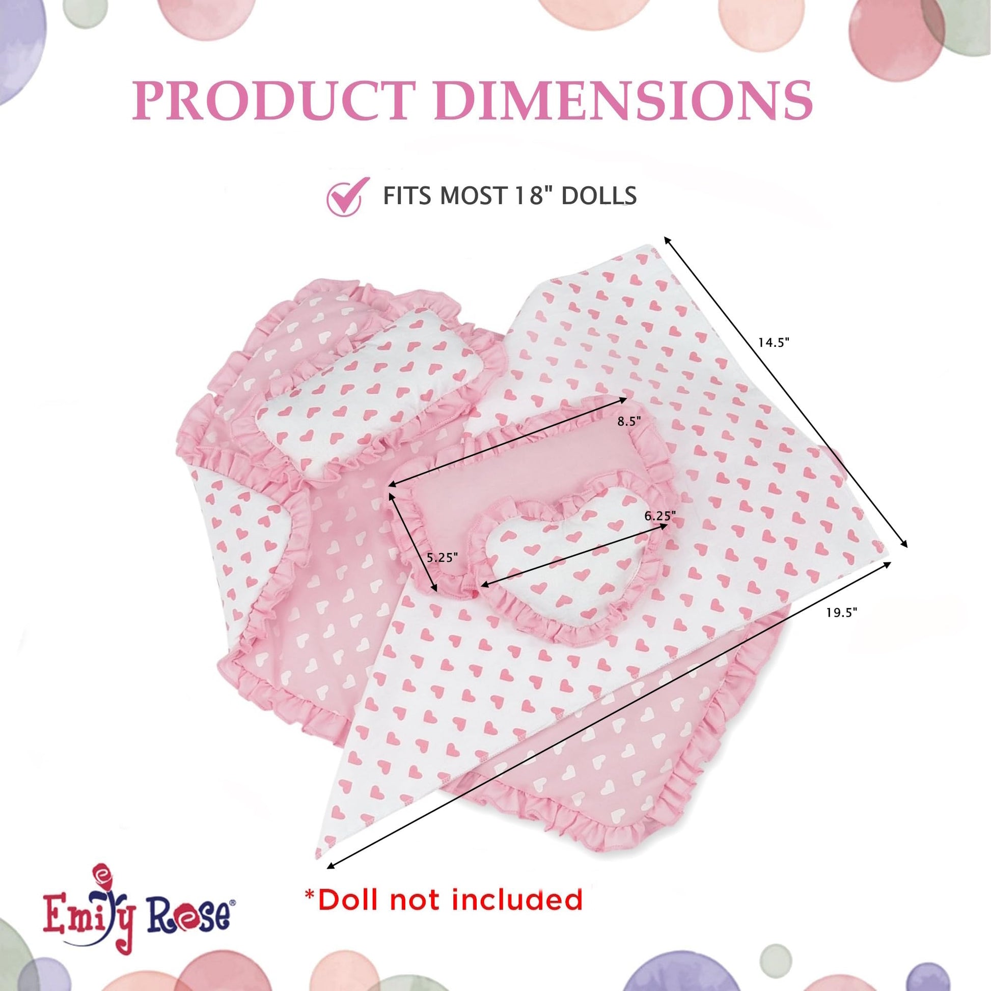 Emily Rose 18" Doll Pink Heart Valentines Bedding Set - 5 Pc Doll Bed Bedding & Bedroom Accessories with Comforter, Pillows & Matress Covering Flat