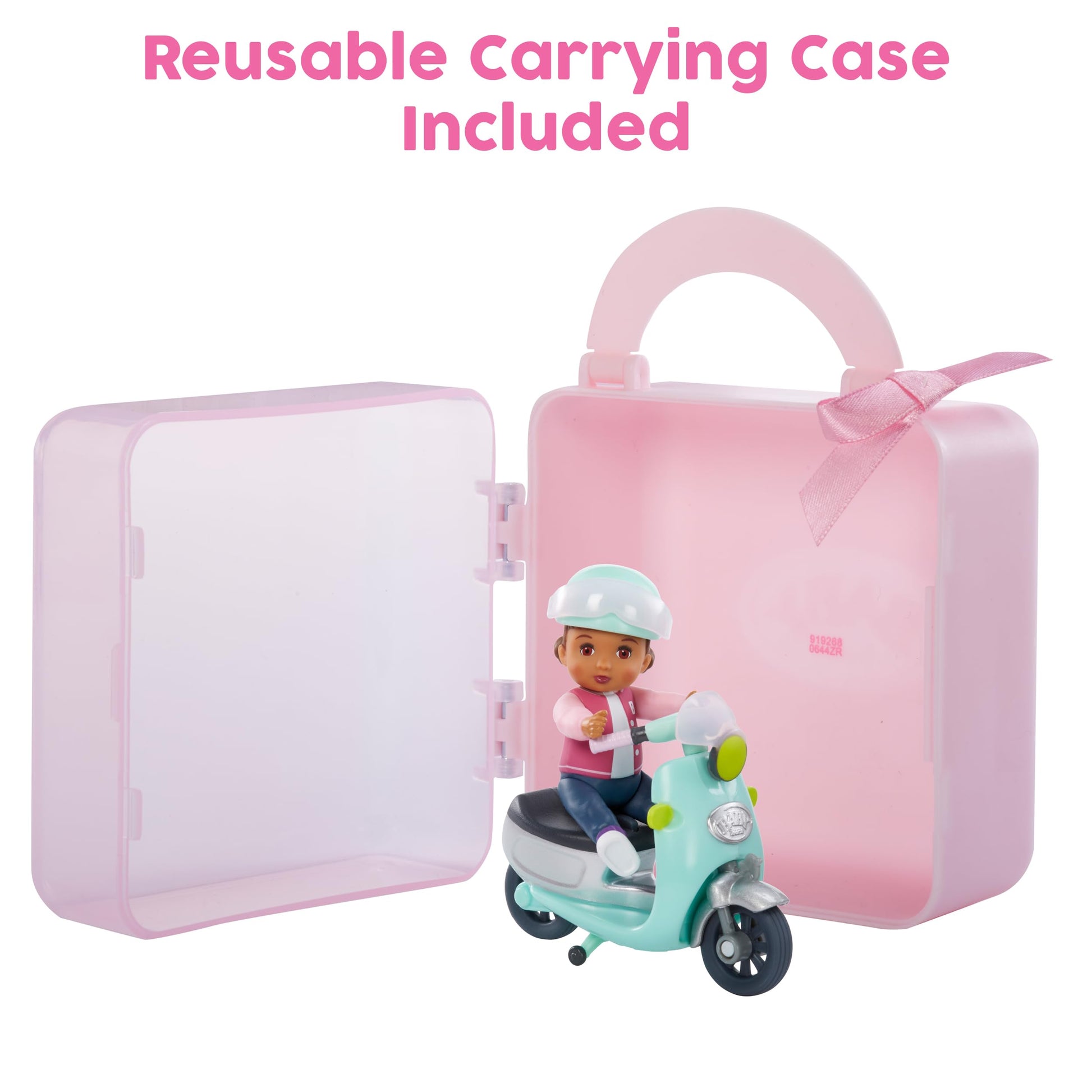 Baby Born MINIS Playset - Medium Tan Skin Tone Doll with Brown Eyes, Scooter & Helmet Accessory, Includes Reusable Carrying Case for On-The-Go