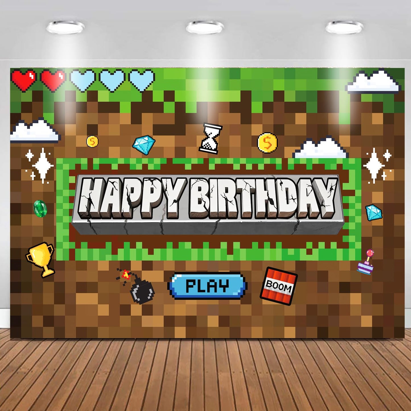 Pixel Birthday Party Decorations Pixel Video Game Banner for Miner Birthday Party Backdrop Photo Background Wall Decor Mining Party Supplies