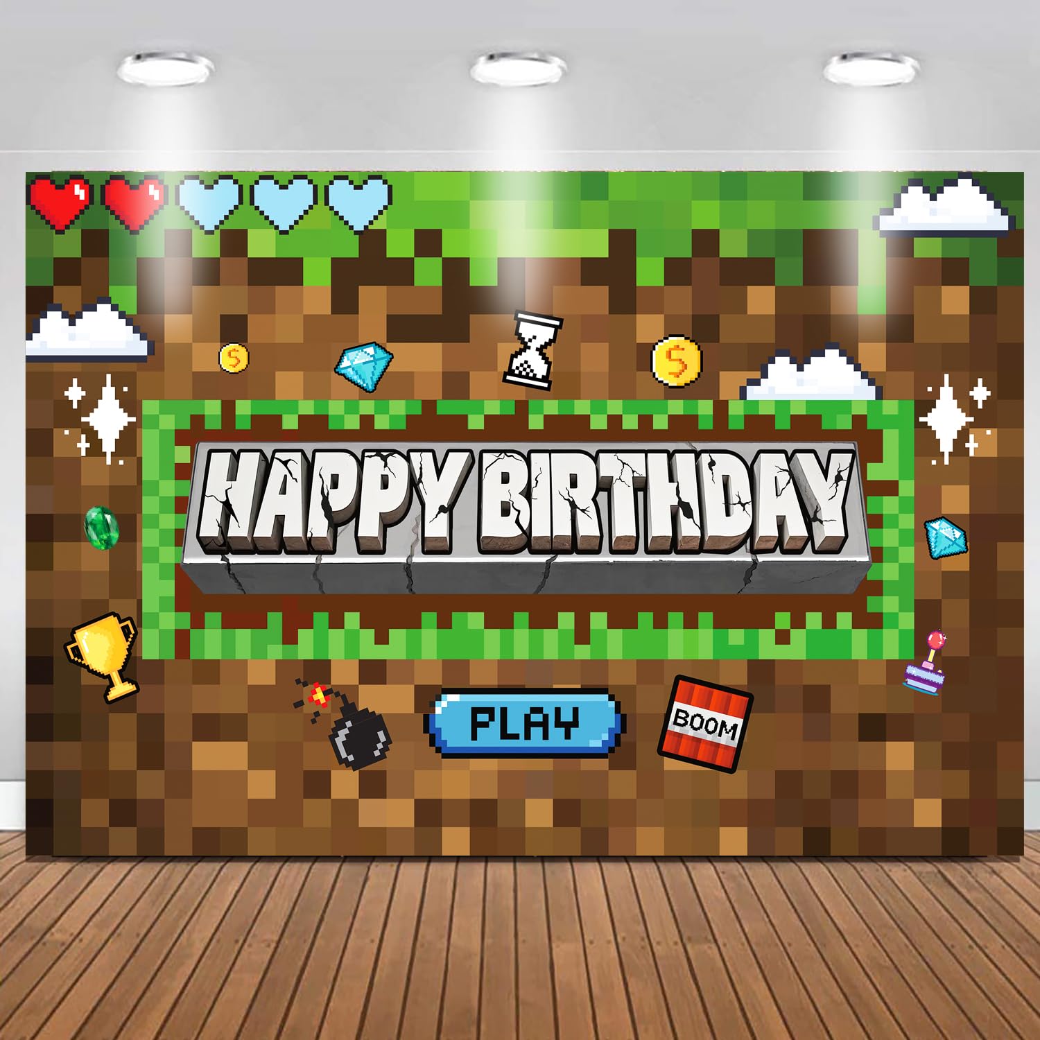 Pixel Birthday Party Decorations Pixel Video Game Banner for Miner Birthday Party Backdrop Photo Background Wall Decor Mining Party Supplies