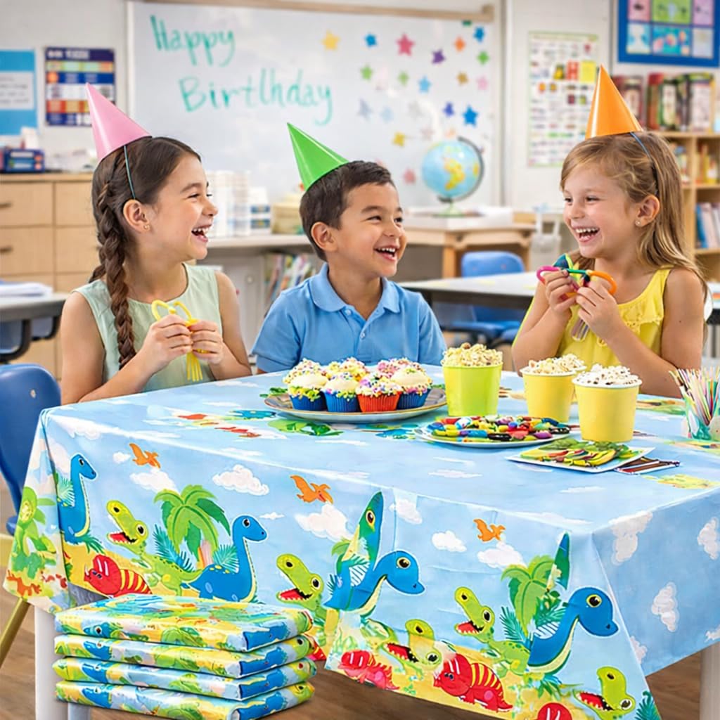 Oojami 4 Pack Dinosaur Tablecloths for Birthday Party, 54 x 108 Inch Plastic Table Covers, Dinosaur Party Decorations, Leak-Proof Kids Dino Table