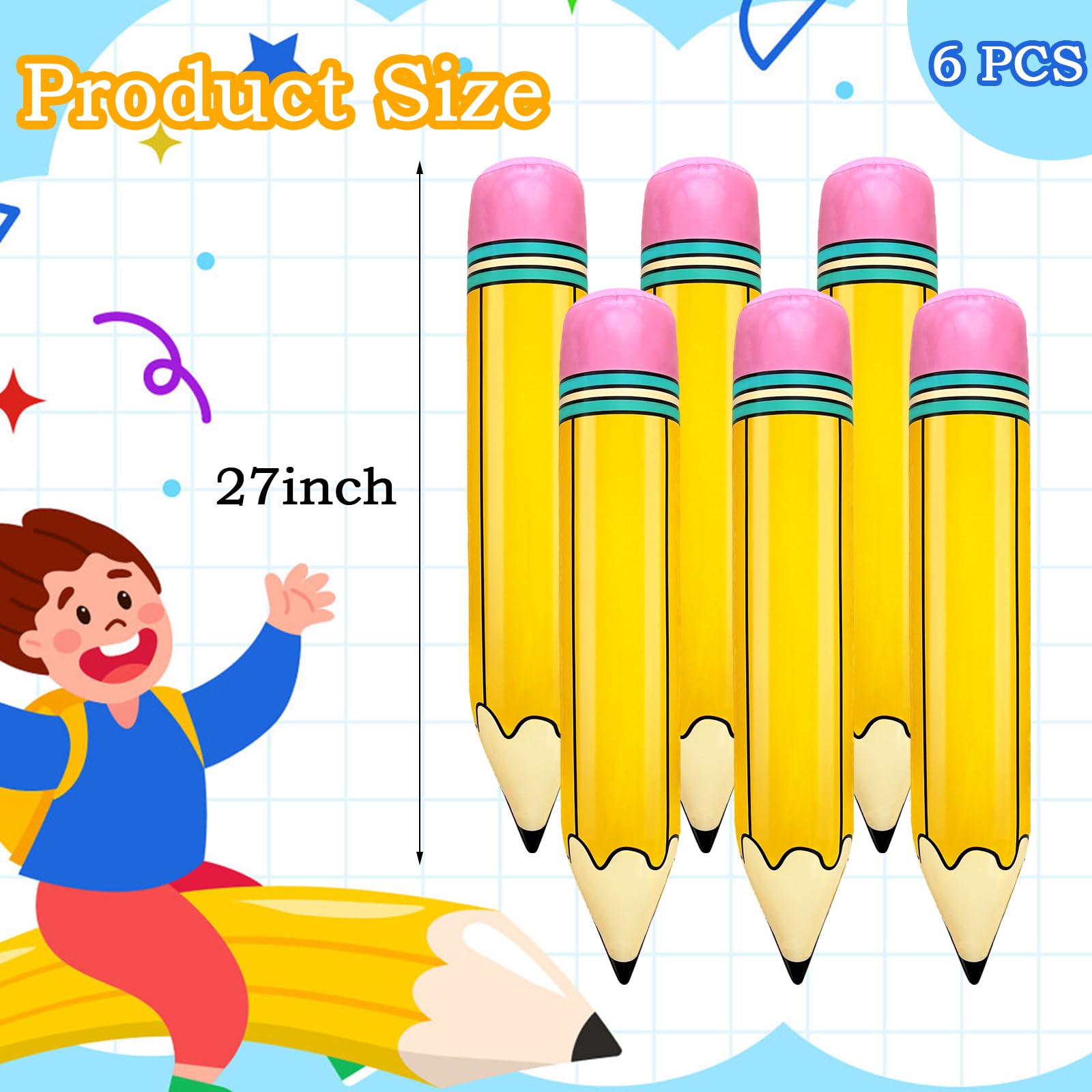 6 PCS 27 Inch Large Inflatable Pencil,Blow up Pencil Balloon,Back to School Graduation Decor for Classroom Birthday Party Supplies