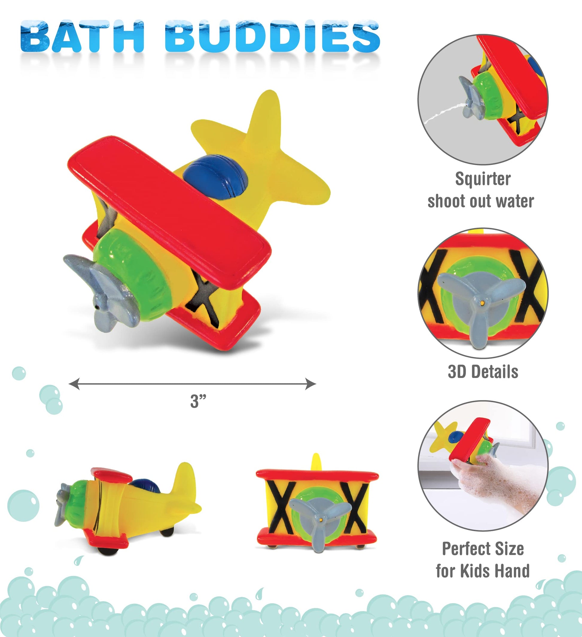 DolliBu Biplane Squirter Bath Toy - Floating Rubber Airplane Baby Toy, Cute Airplane Toys for Kids, Fun Toddler Bath Squirt Toys for Pool, Bathtub, or