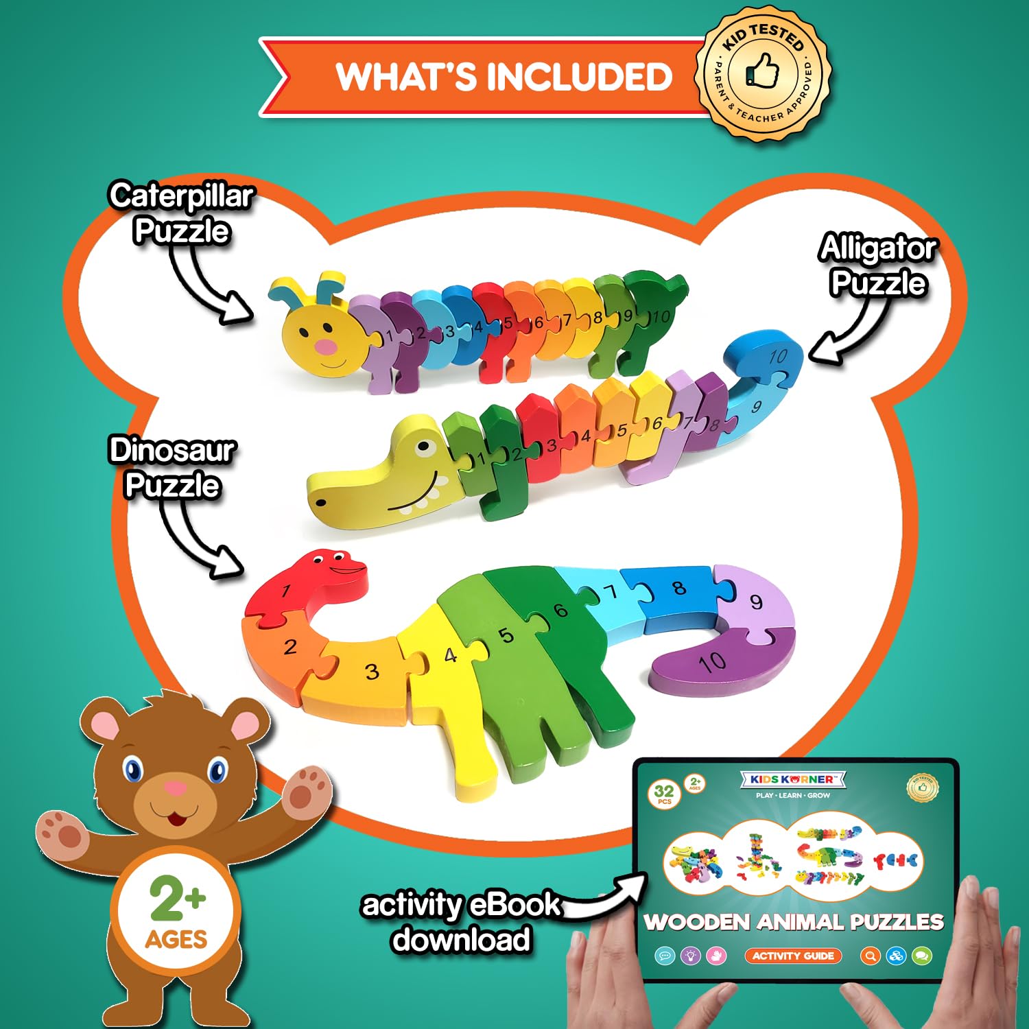 Animal Wooden Puzzles for Toddlers - Colors and Counting Building Toys and Toddler Games | Montessori Toys Wood Blocks with Storage Box and Learning