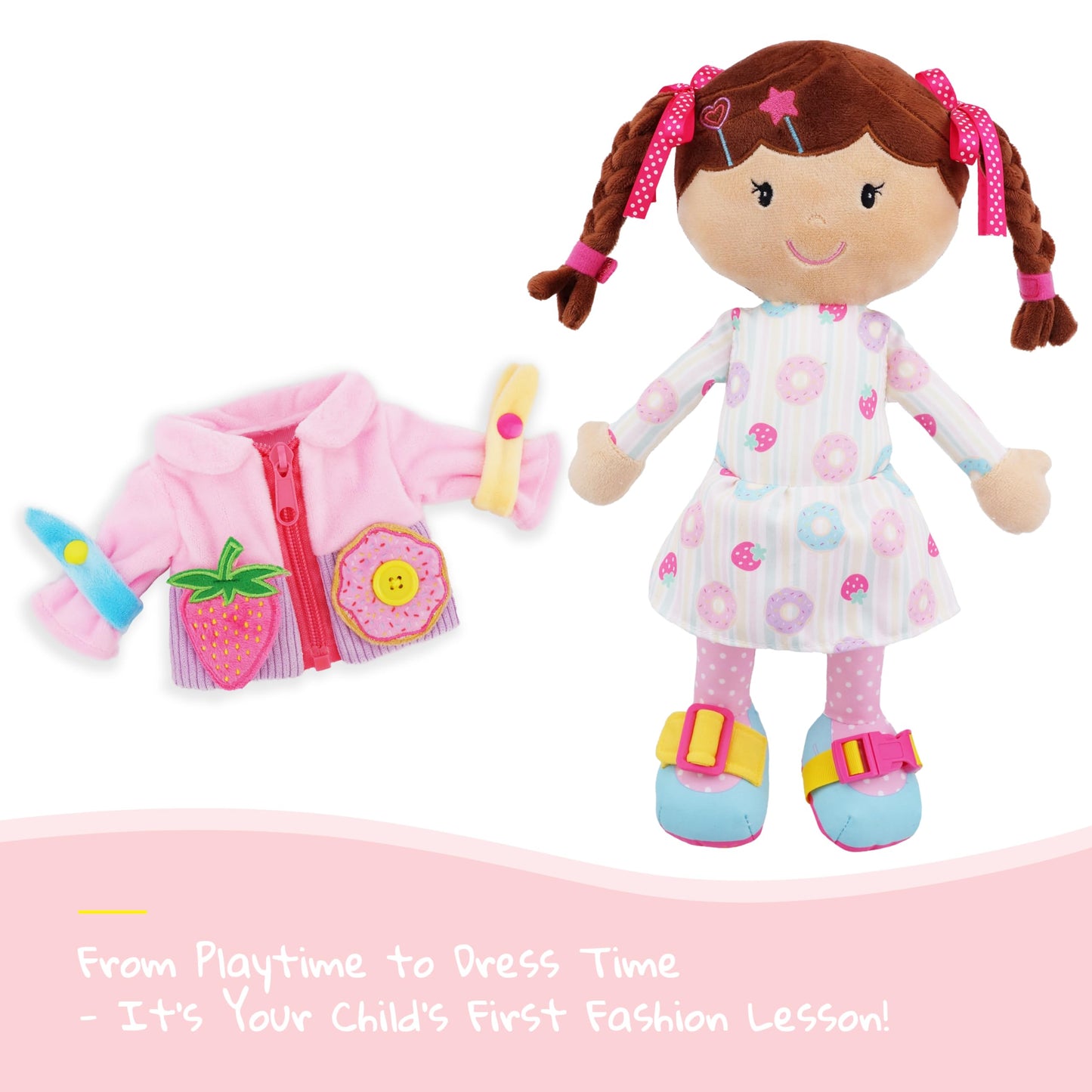 June Garden 15.5" Dressy Friends Daisy - Educational Stuffed Plush Doll for Kids and Toddlers 2 Years and Up - Montessori Buckle Soft Toy