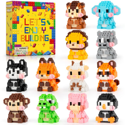 HIGH GODO Animal Party Favors Building Blocks, 12 Pack Mini Animals Building Set, Goodie Bag Stuffers, Classroom Small Prize Toys Gifts for Adults