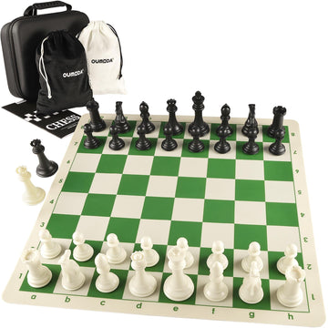 OUMODA 4" King Tournament Chess Set Foldable 20" Silicone Chess Board Mat with 2.2" Squares Green Color, Weighted Chess Pieces- 2 Extra Queens