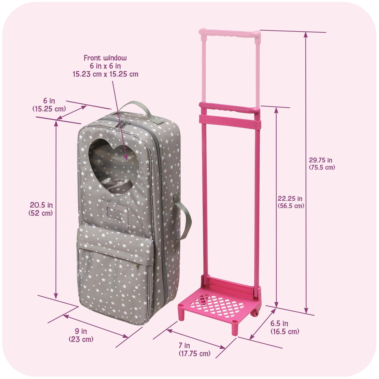 Badger Basket Travel and Tour Trolley Carrier Set for 18-Inch Dolls with Folding Bed and Accessories - Gray Stars