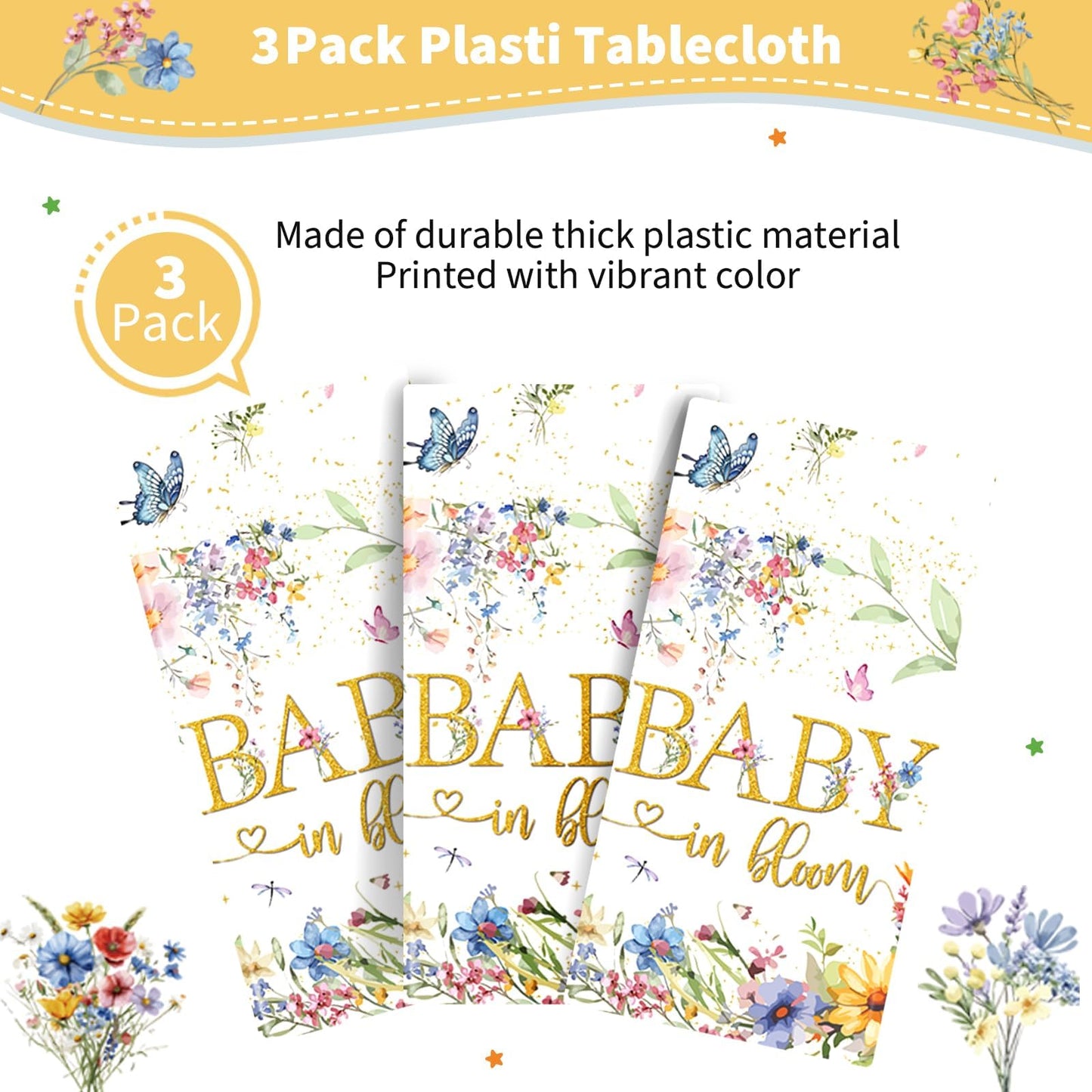 Yavxzvbw 3 Pack Baby in Bloom Table Cloth Baby in Bloom Baby Shower Decorations Wildflower Table Cloth Baby Shower Decorations, 54 × 108 inch
