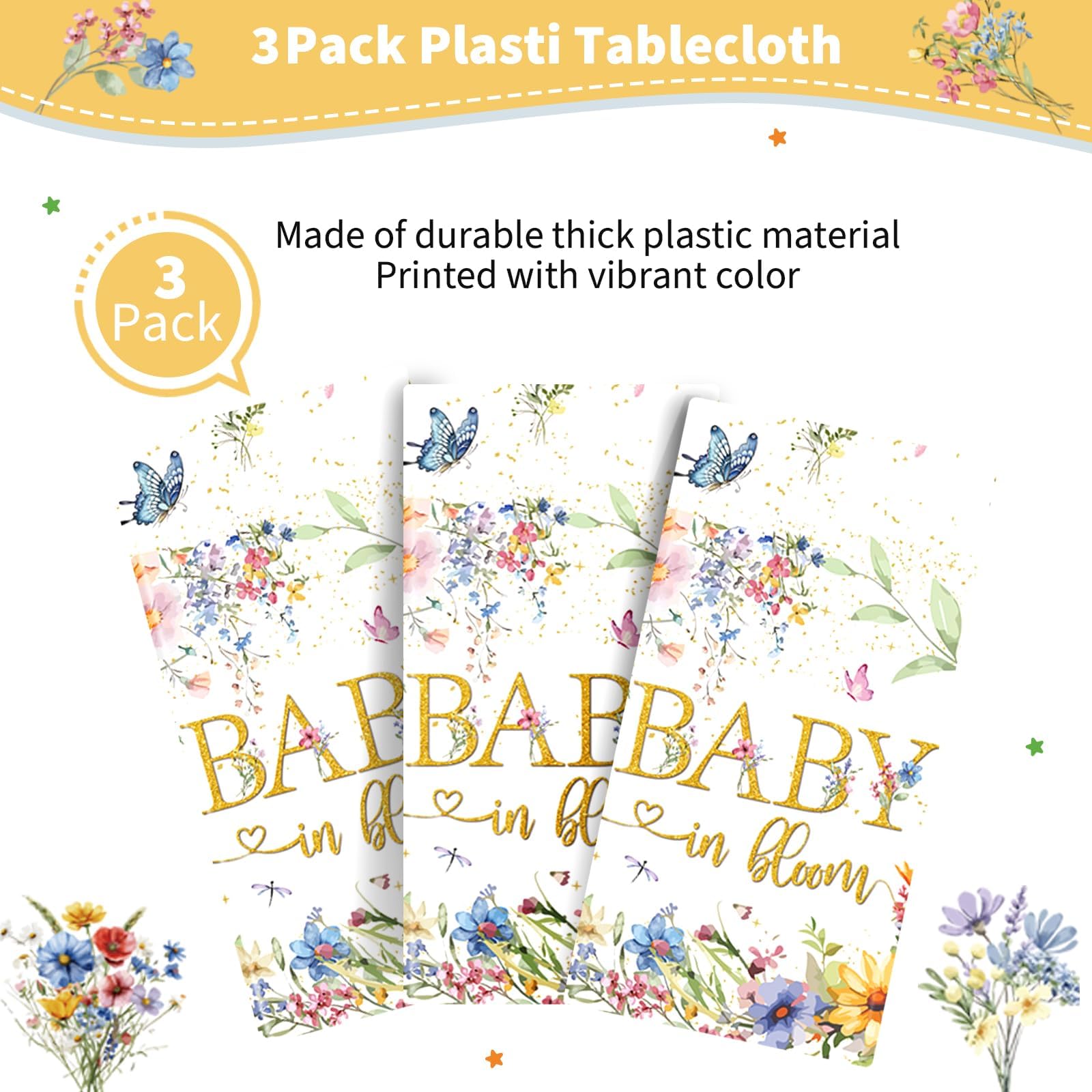 Yavxzvbw 3 Pack Baby in Bloom Table Cloth Baby in Bloom Baby Shower Decorations Wildflower Table Cloth Baby Shower Decorations, 54 × 108 inch
