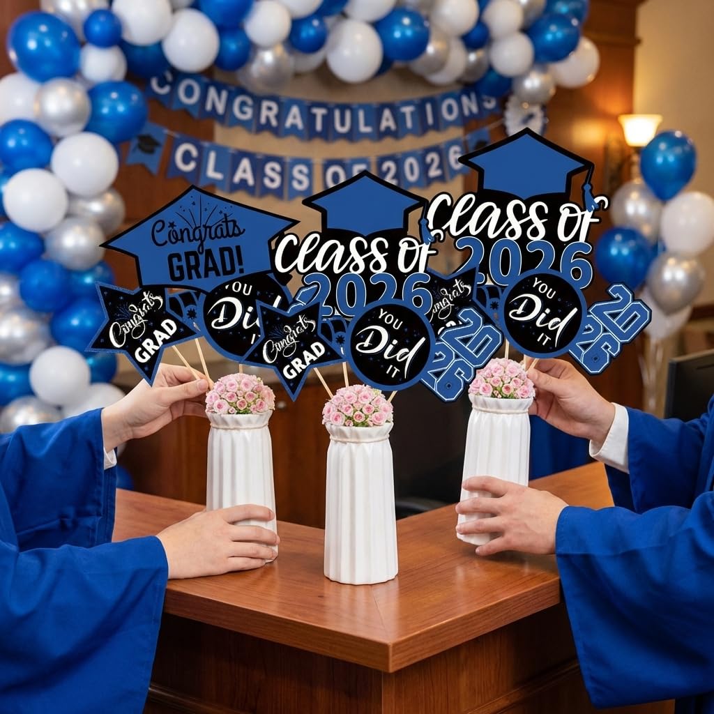 20 Pcs Blue Black Class of 2026 Congrats Grad Table Centerpieces Sticks for Graduation Party Decorations Congrats Decorations