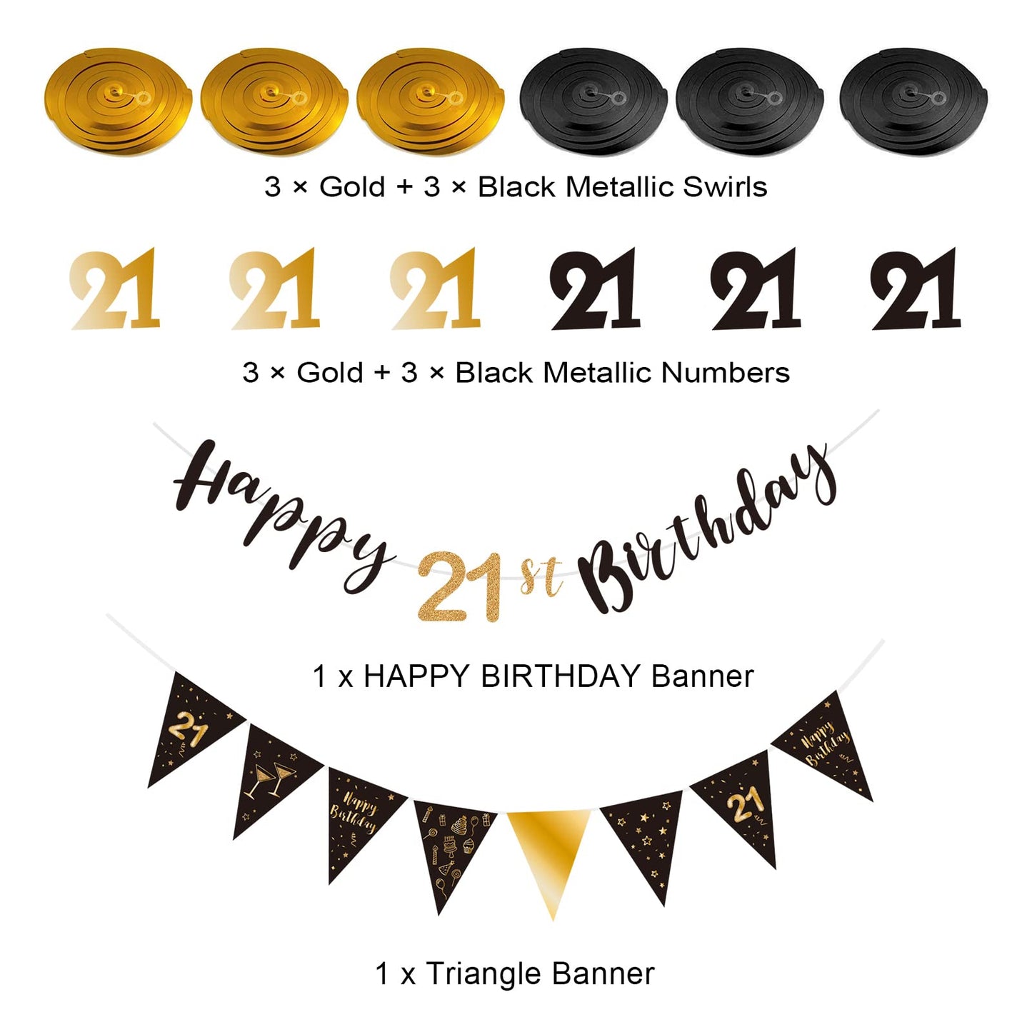 21st Birthday Decoration Kit - Happy 21st Banner Bunting Swirls Streamers, Triangle Flag Banner for Party Decorations - Black and Gold