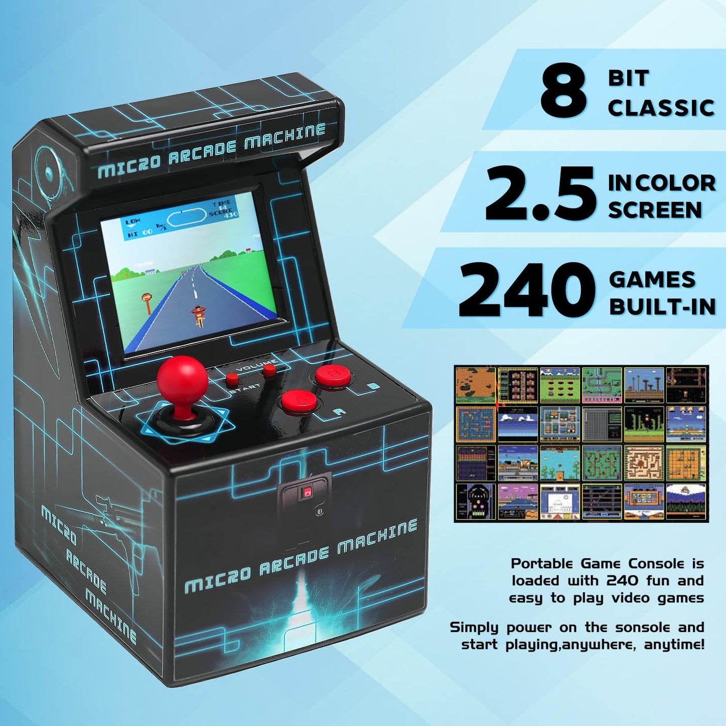 Retro Handheld Game Console for Kids, Mini Arcade Machine with 240 Built-in Games, Portable Travel Toy, Ready to Play, 2.5" Screen, Easy Joystick
