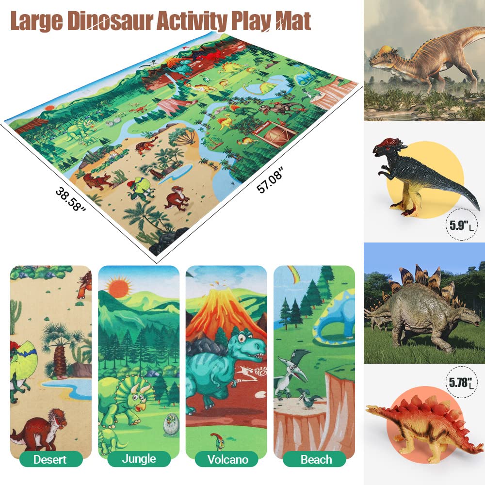 FRUSE Jurassic Dinosaur Toys Figures,12 PCS Realistic Large Dinosaur Figurines with Jumbo Play Mat & Information Dino Book,Educational Dino Figure