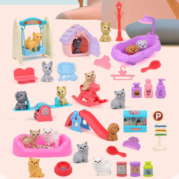 45Pcs Pet Pretend Play Toy Dollhouse Playset Accessories,Cat Puppy Dog Hamster Realistic Animals Tiny Mini Figures Furniture,Vet Care Center Preschool