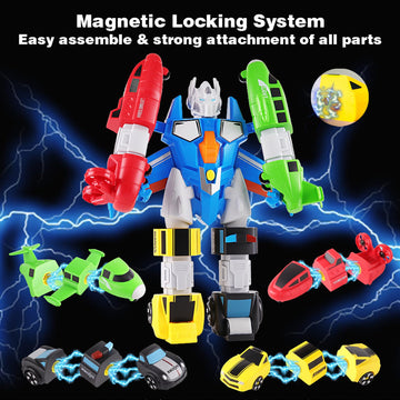 SOMMER 5-in-1 Magnetic Vehicles Toy Playset, Mix and Match STEM Stacking Assembling Car Kit with Storage Box, Transform into Robot, Birthday Gift