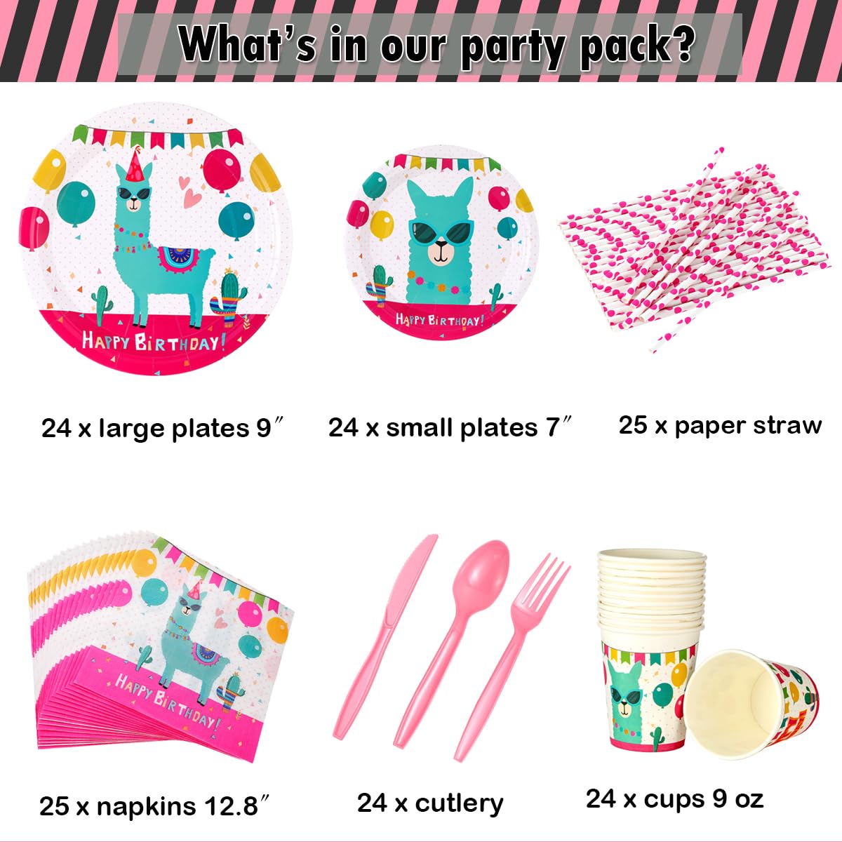 Llama Party Supplies Set For Girls-24 guests- Alpaca Birthday Party Decorations, Include Alpaca Plates Cups Banner Balloons Cutlery Tablecloth Napkins