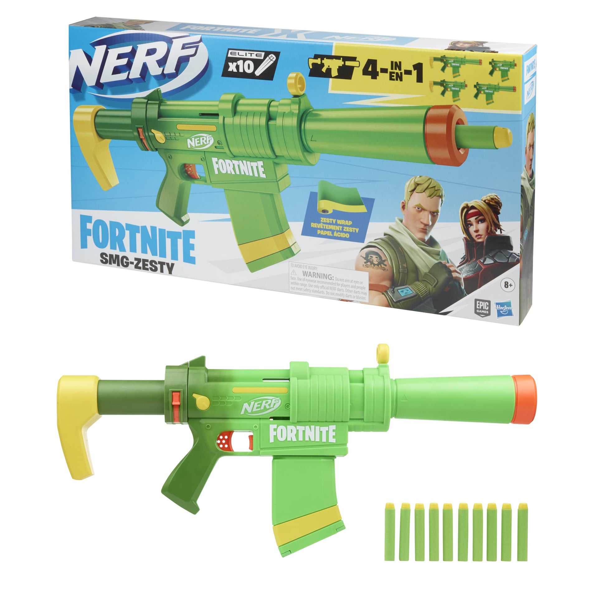 Nerf Fortnite SMG-Zesty Elite Dart Blaster - Removable Stock and Barrel, Removable 10-Dart Clip, 10 Official Nerf Elite Darts