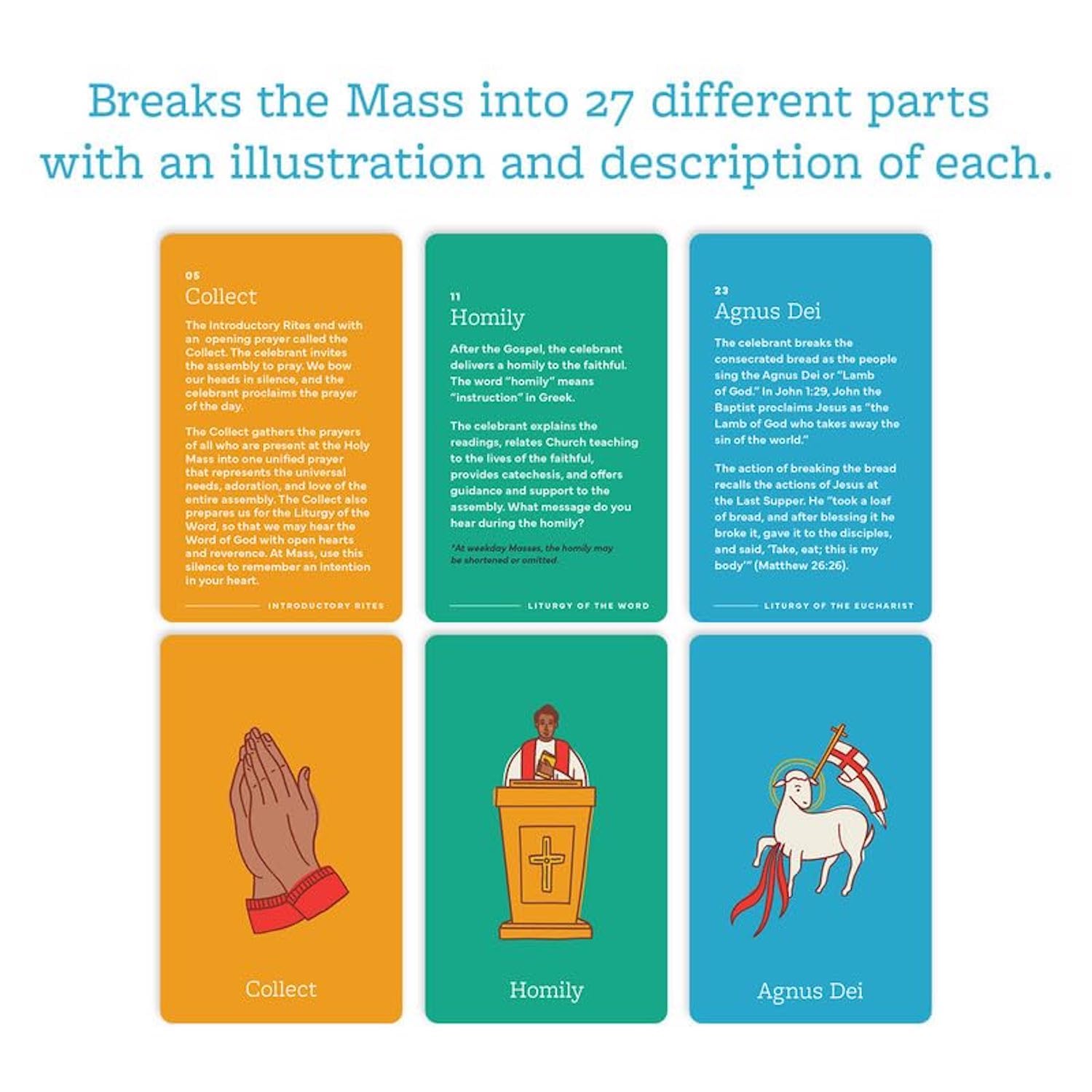CATHOLIC FAMILY CRATE First Mass Guide Cards - 28 UV Coating Catholic Missal Book Teachings - 2.5" x 4" Religious Cards with 2? Metal Ring