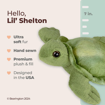Bearington Lil' Shelton Sea Turtle Stuffed Animal - 7" Plush Sea Turtle Toy with Soft Green Shell and Patterned Belly - Adorable Cuddly Turtles Gift