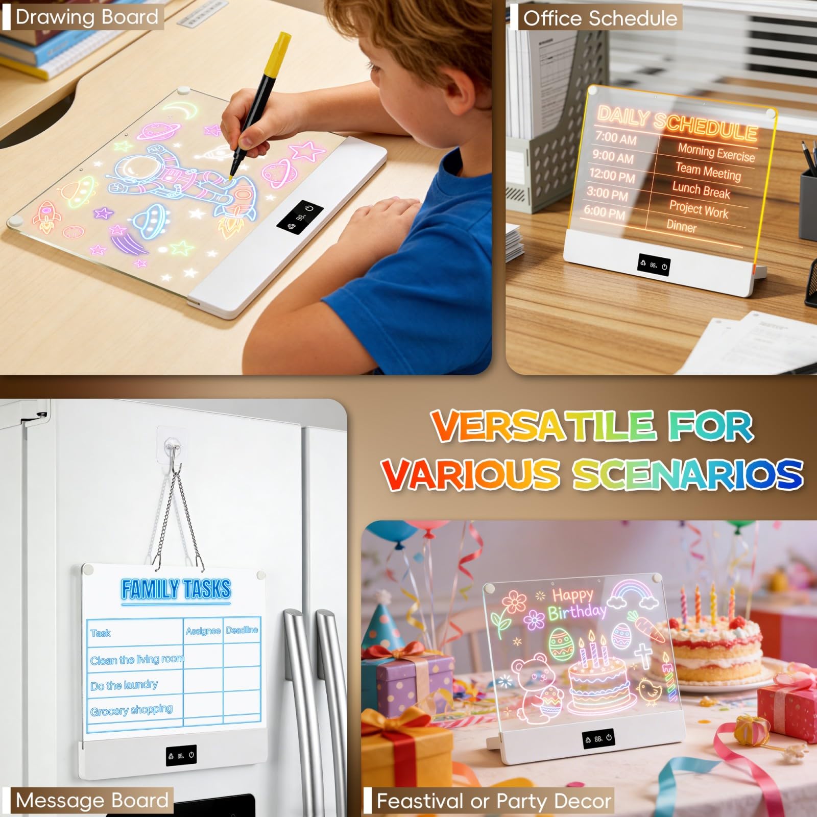 LED Drawing Board for Kid - Rechargeable 14" Doodle Glow Neon Art Note Boards, Holiday Birthday Gifts Toy for Kids Girls Boys Teens, Light Up Acrylic
