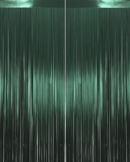 Dark Green Foil Fringe Curtain, 2 Pack 3.3x8.21ft Tinsel Foil Fringe Curtain Streamers Backdrop for Birthday Jungle Party Dinosaur Animal St Patrick's