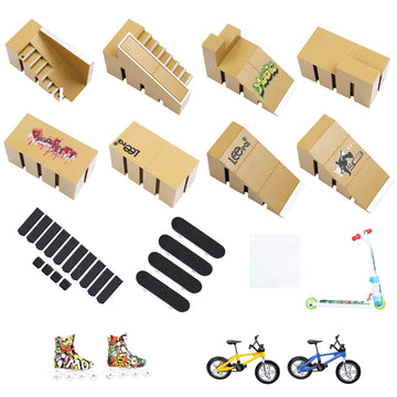 Fingerboard Skate Park Toys, 8 Skatepark Deck Ramp for Finger Skateboard Park Kit Part Training Props with 4 Finger Decks 2 Finger Bike 1 Pair Skates
