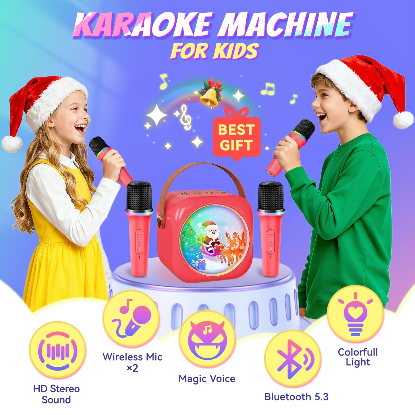 Karaoke Machine for Kids with 2 Wireless Microphones,Girls Speaker with Christmas Colorful LED Lights,Birthday Gift for 3-12 Years Old,Portable Toys