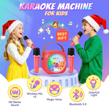 Karaoke Machine for Kids with 2 Wireless Microphones,Girls Speaker with Christmas Colorful LED Lights,Birthday Gift for 3-12 Years Old,Portable Toys