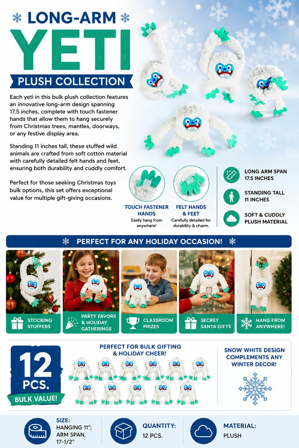 Fun Express Long Arm Plush Big Foot Yetis Set of 12 - Christmas Stuffed Animals Bulk Pack with Hanging Design | Winter Holiday Figurines for Tree