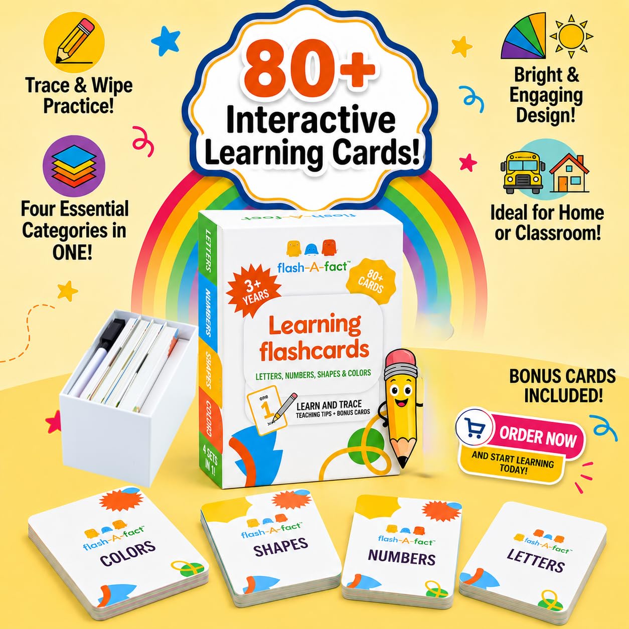 Flash a Fact 80+ Flash Cards for Toddlers 3 Years & Up | Preschool Learning Flashcards for Kids with Wipeable Marker, Water-Resistant Tracing Cards
