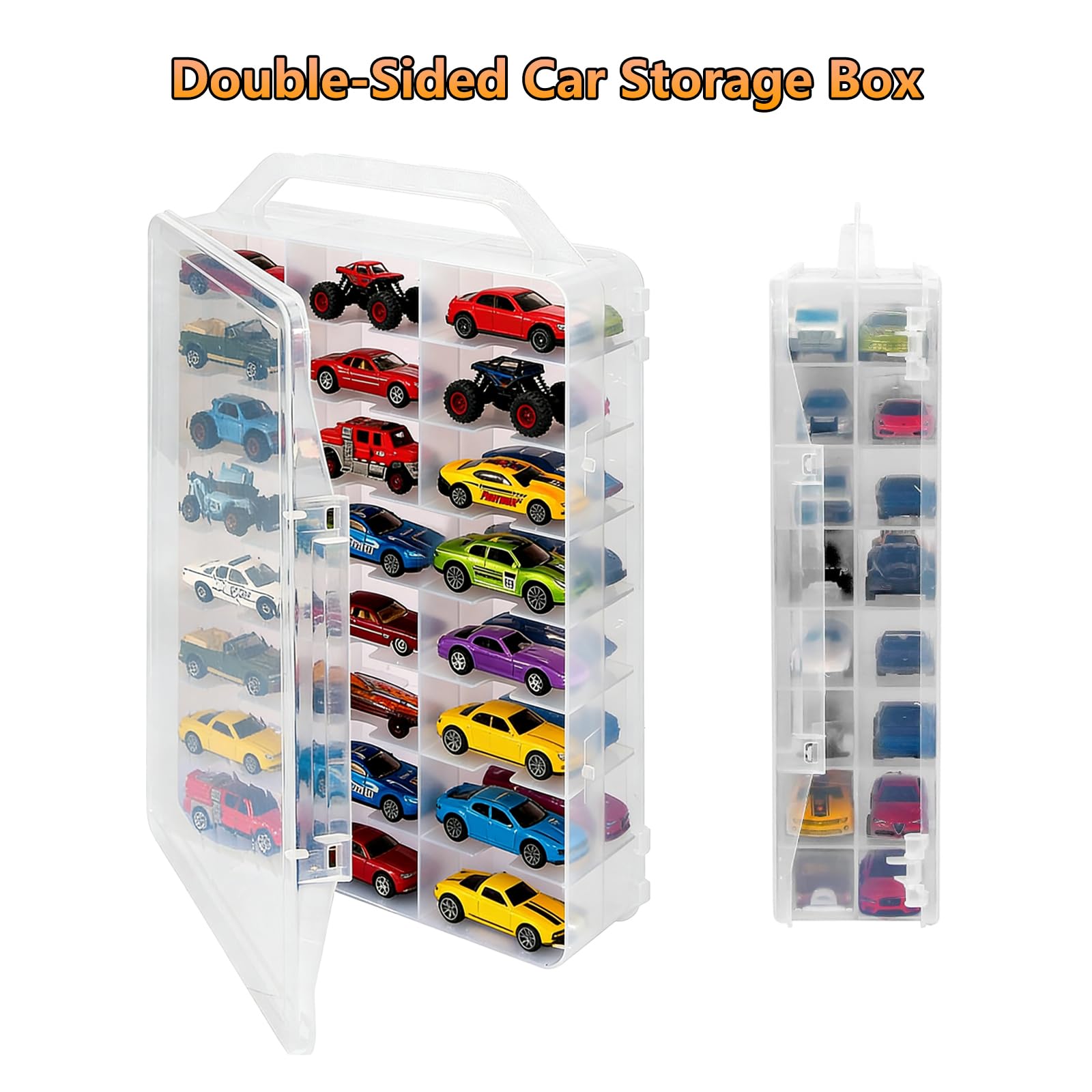 Double-Sided 1:64 Scale Toy Car Storage Case, 48-Slot Clear Organizer with Handle, Transparent Display & Storage Box Compatible with Most Die-Cast