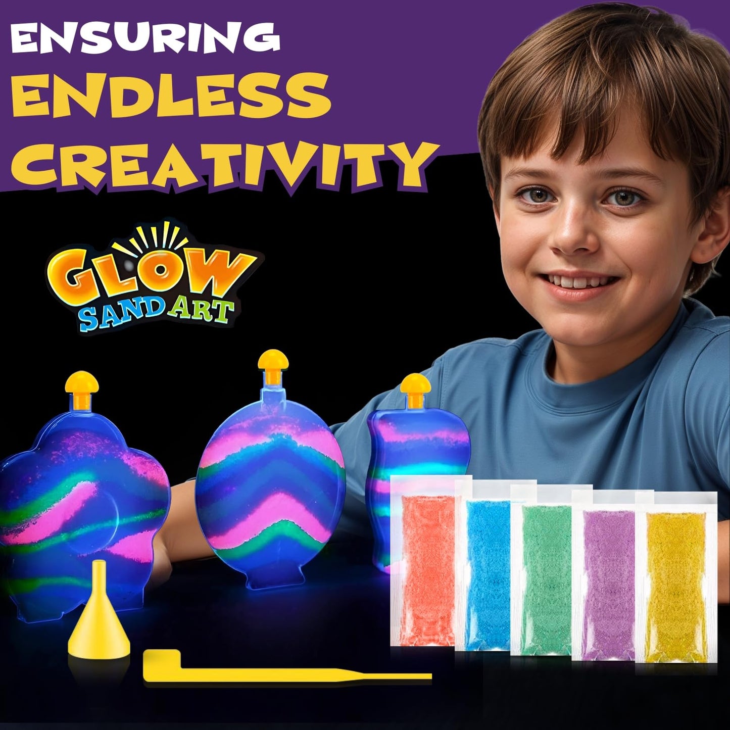 Create Your Own Magic Sand Art Glitter Activity | Glow in the Dark Colored Custom Sand Kits for Kids - Includes 12 Bottles, Funnels, Sticks, 60 Bags