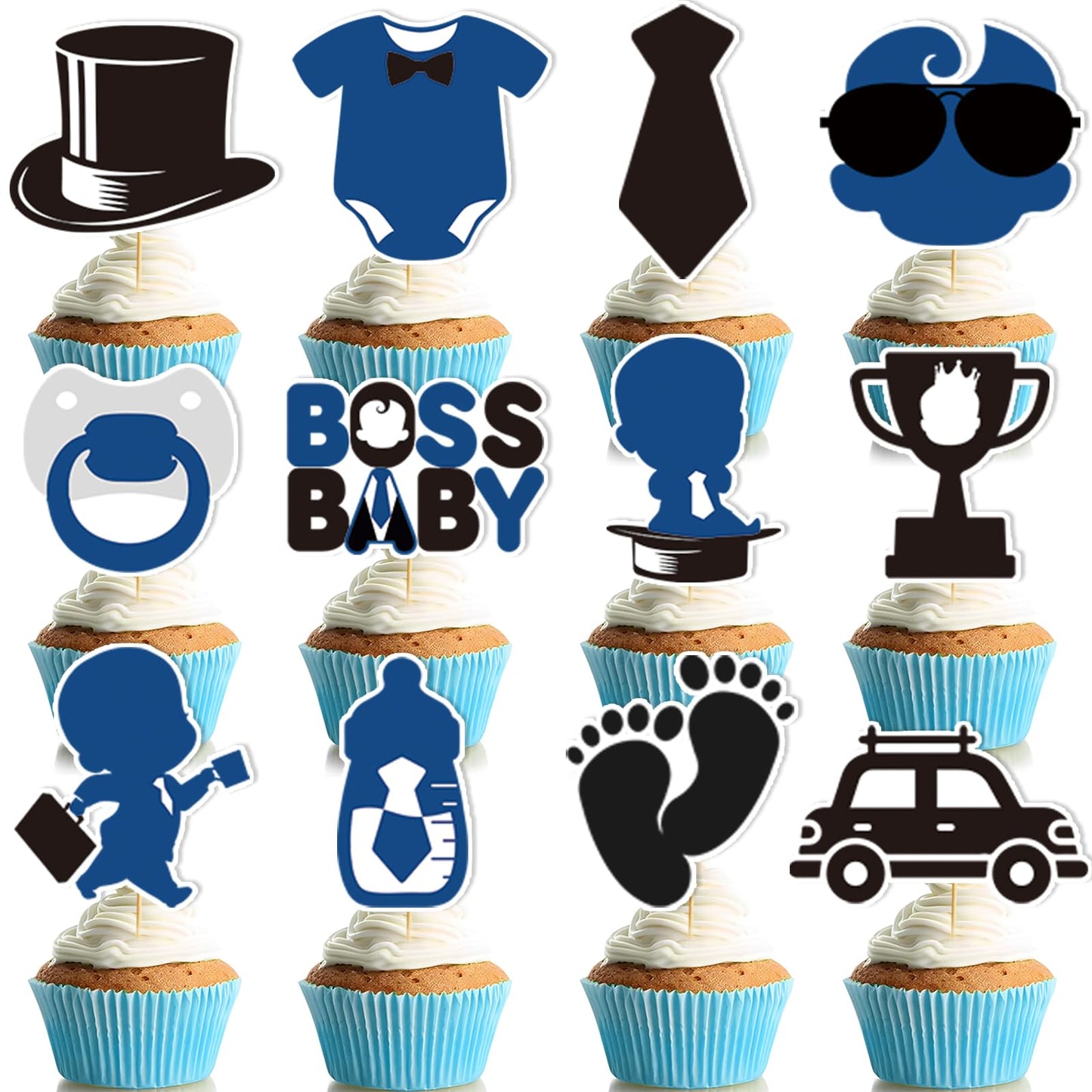 24pcs Baby Boy Cake Topper Baby Shower Cake Decorations Boss Party Decorations Boys Gender Reveal Party Decorations Birthday Party Supplies