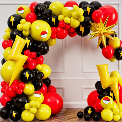 ALL-IN-1 Cartoon Balloon Arch Kit with BONUS Thunder & Starburst Balloons for Poke Birthday Decorations - Red Black Yellow Balloons for Poke Cartoon