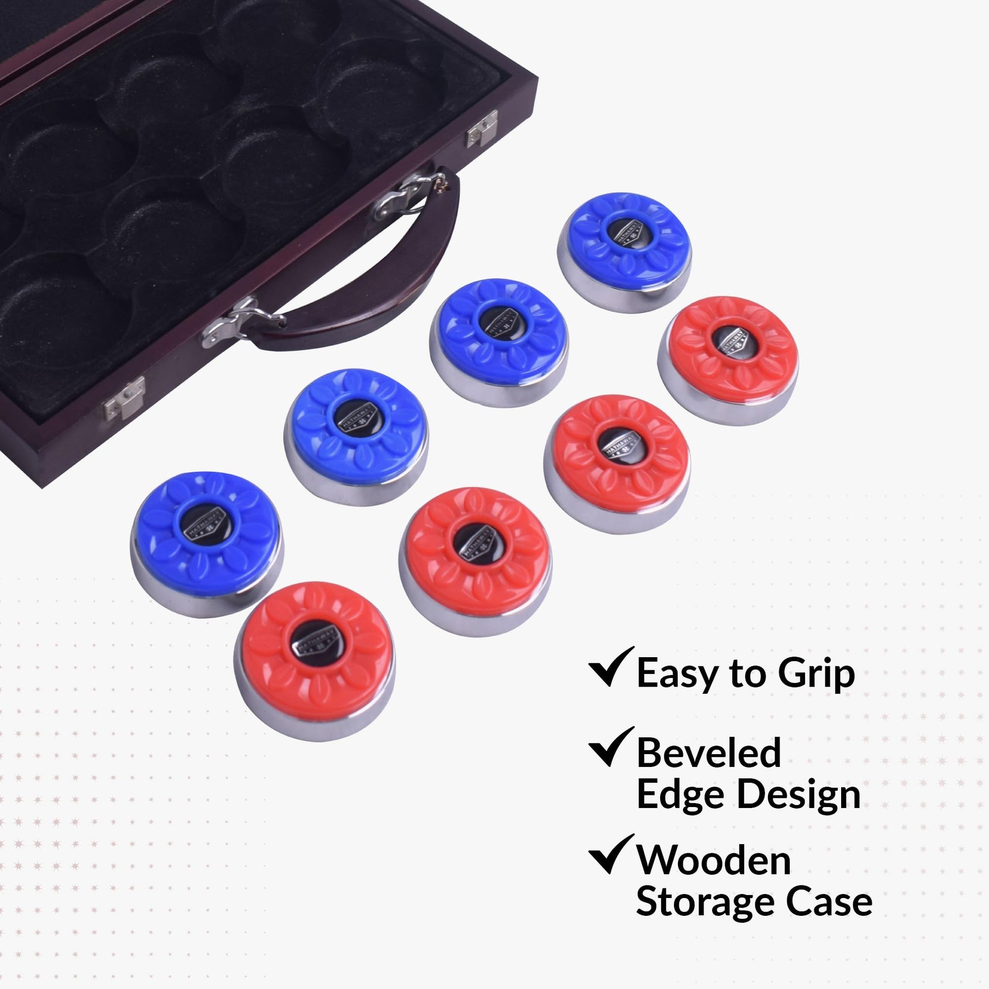 Hathaway Pro-Series Shuffleboard Puck Set - Set of 8 Regulation 2.312-in Pucks with Dimpled Tops, Beveled Edges & Wooden Storage Case - Red/Blue
