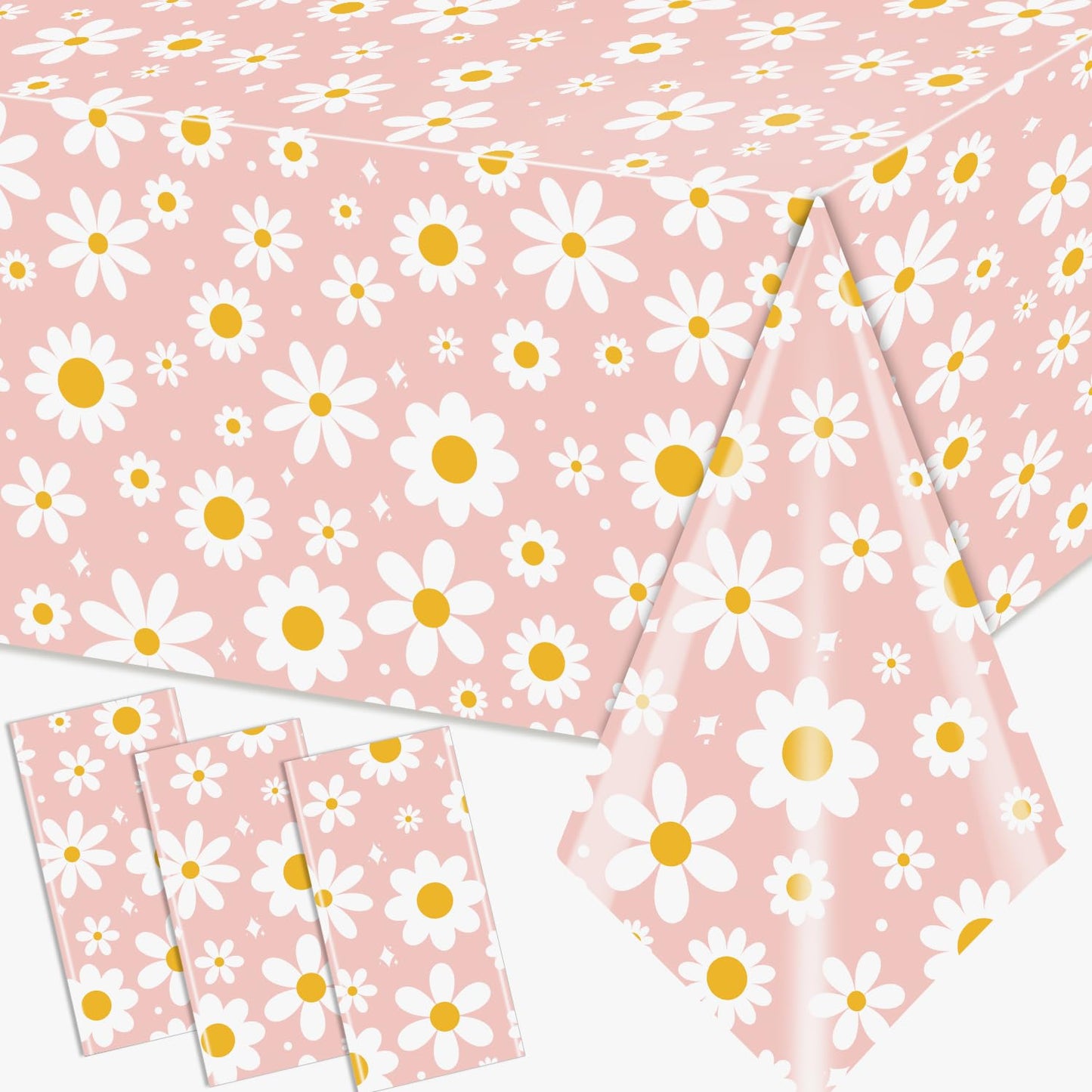Bezkega 3Pack Tablecloth, Groovy Daisy Table Cover Pink Flower Birthday Party Decoration, Plastic Retro Hippie Boho Daisy Party Table Cloths for Girl